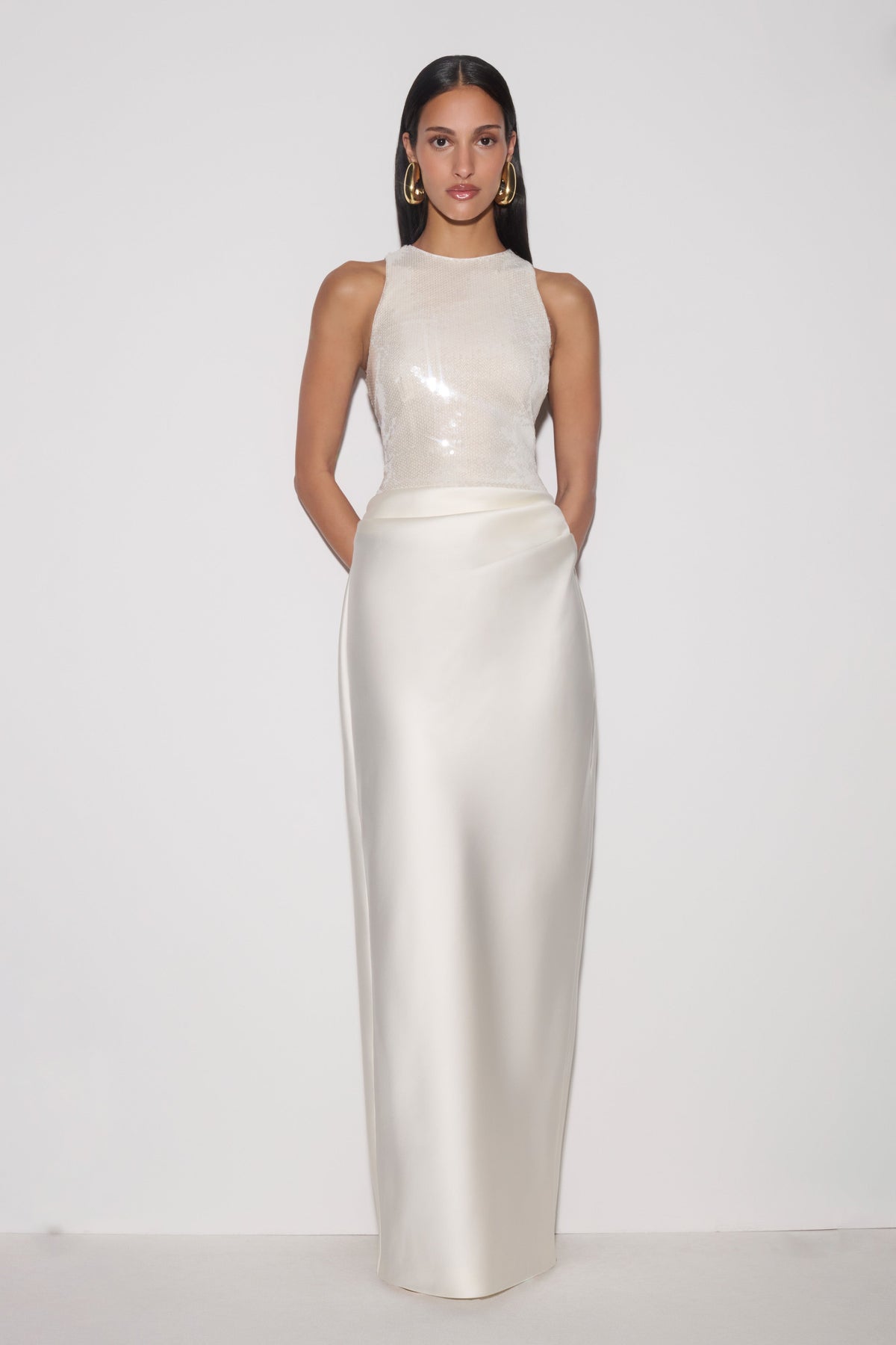 Sequin & Satin Maxi Dress - White