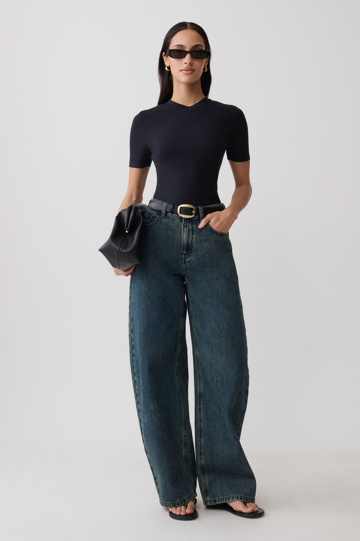High V Neck Short Sleeve Top - Black