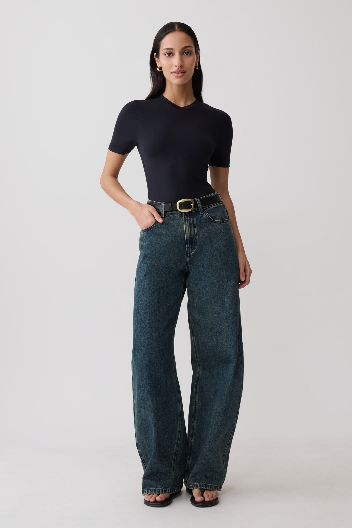 High V Neck Short Sleeve Top - Black