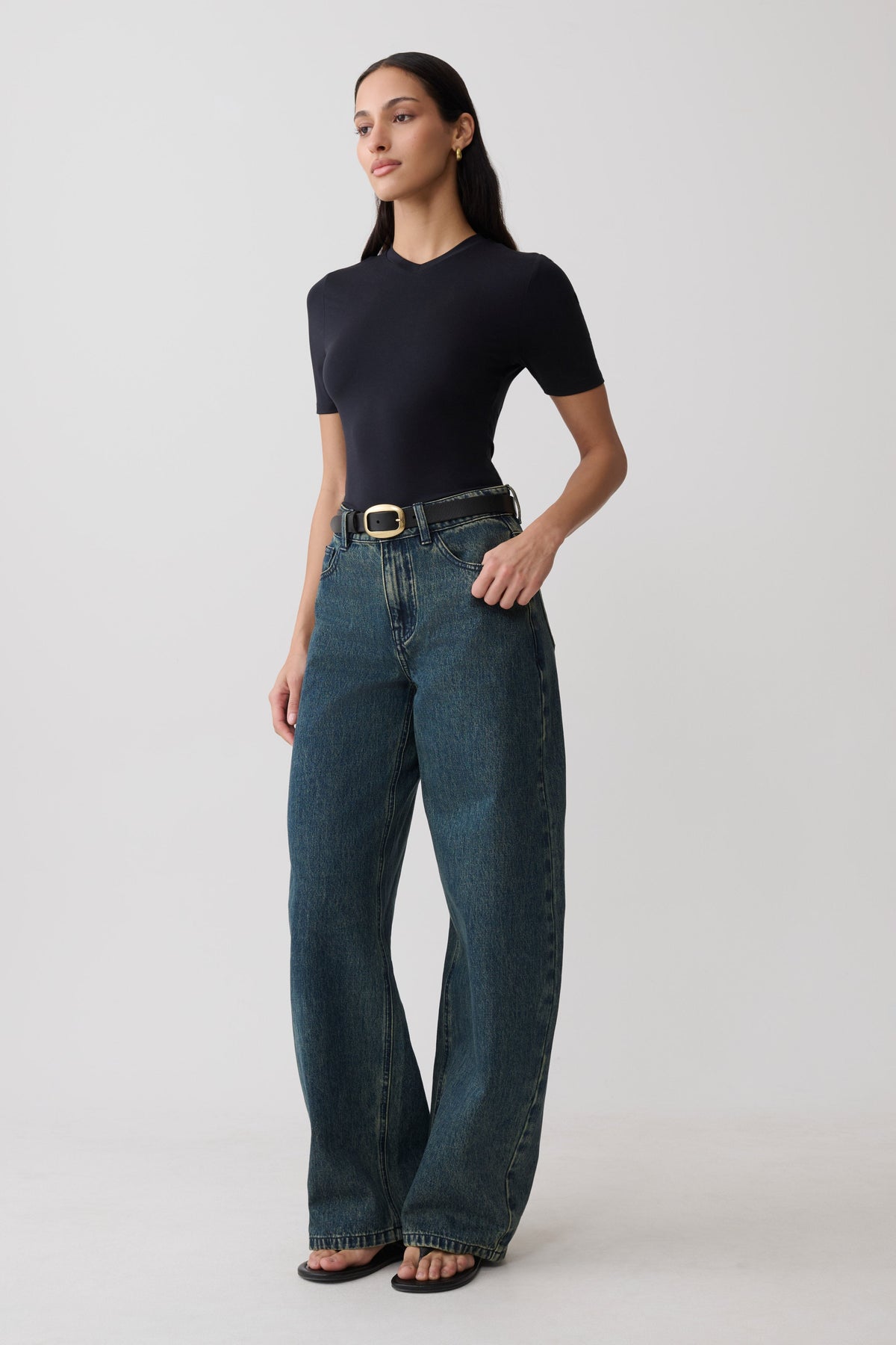 High V Neck Short Sleeve Top - Black