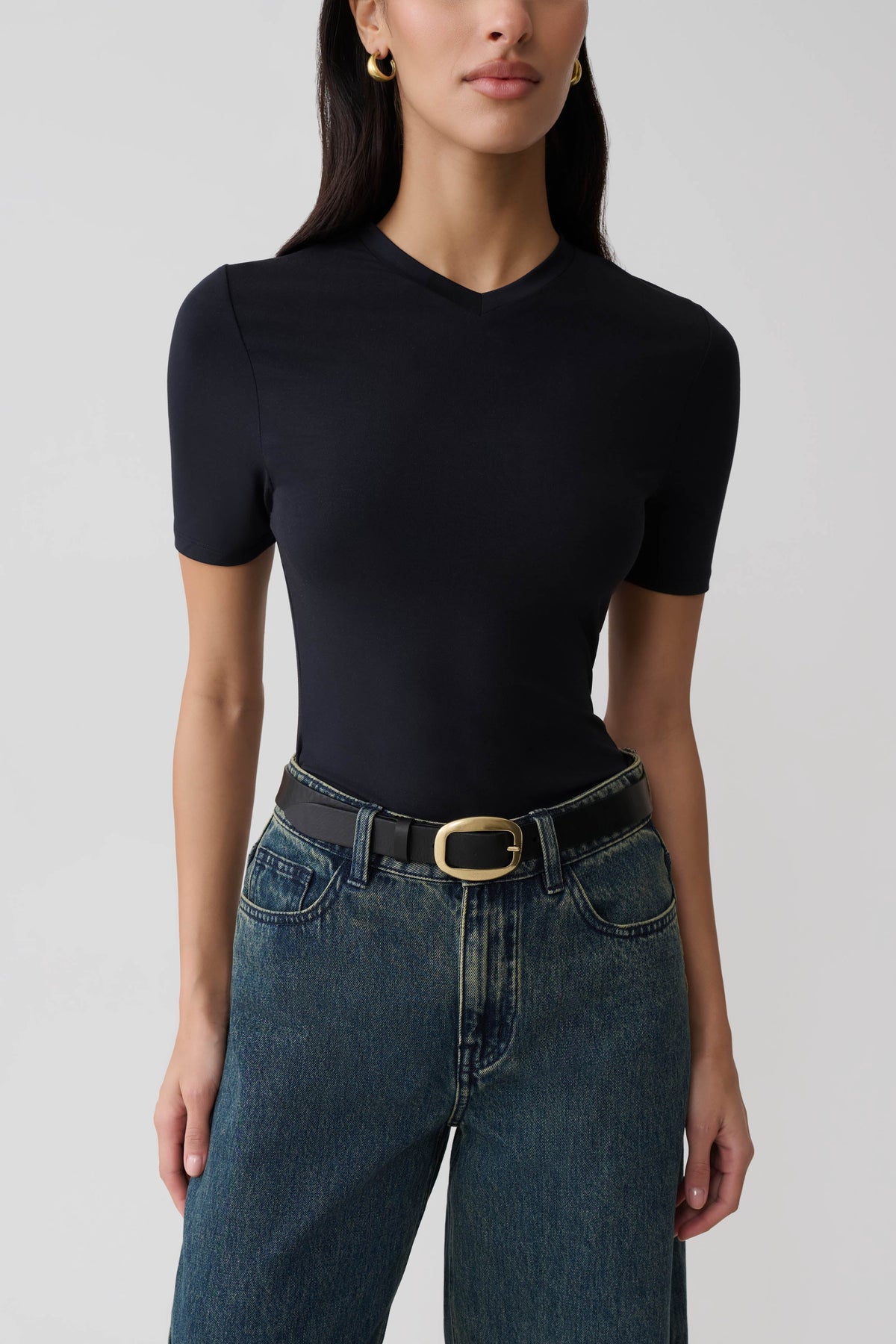 High V Neck Short Sleeve Top - Black