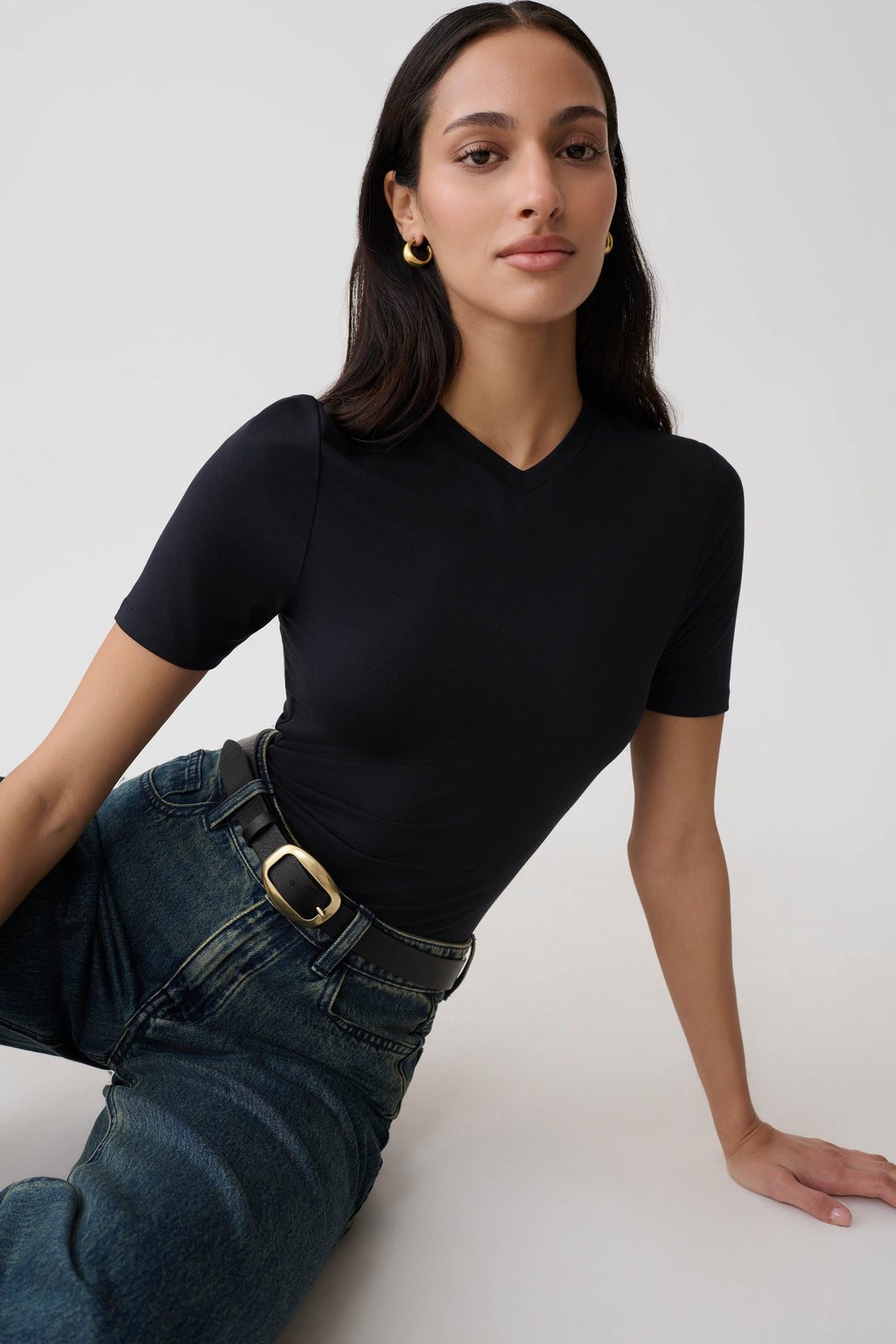 High V Neck Short Sleeve Top - Black