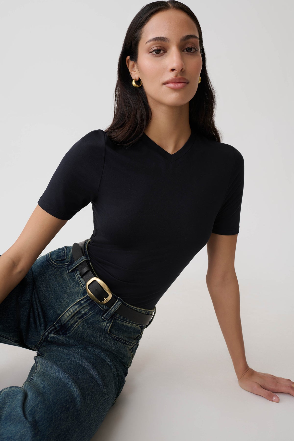 High V Neck Short Sleeve Top - Black