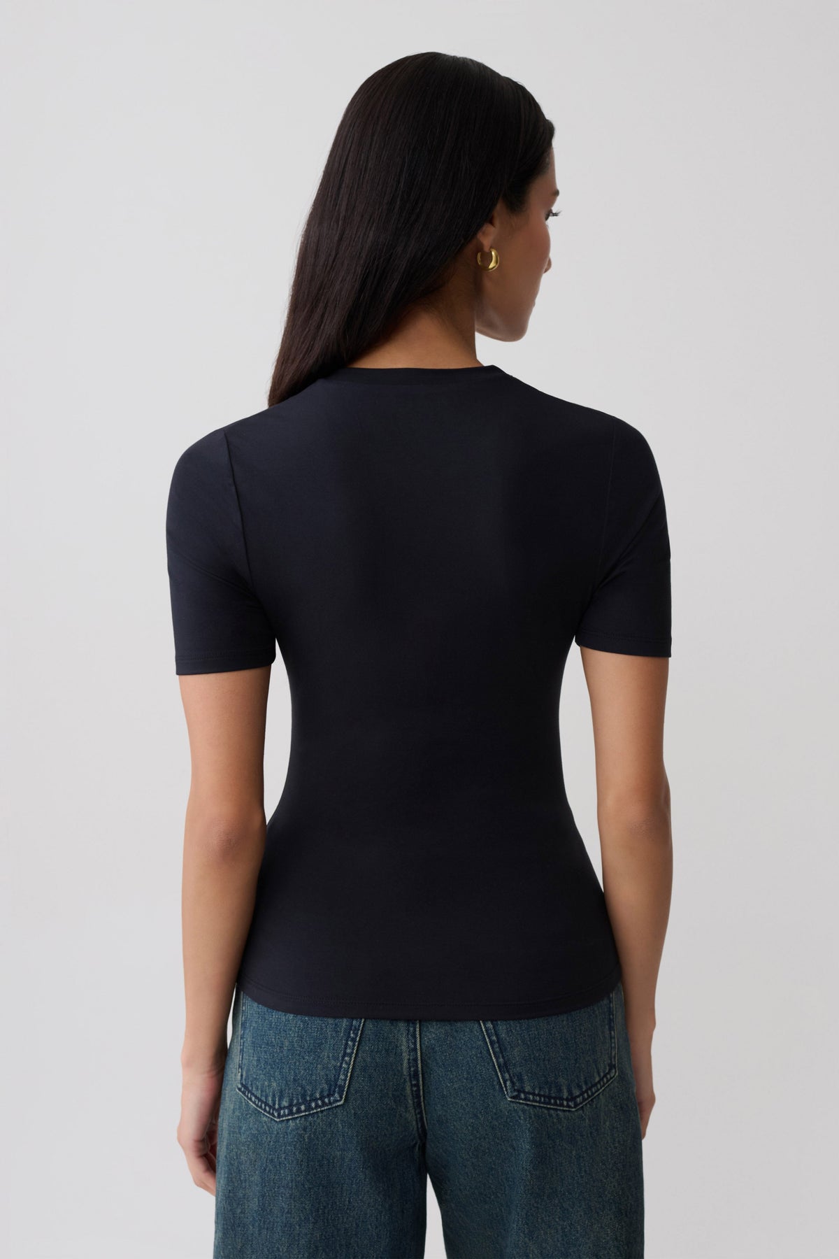 High V Neck Short Sleeve Top - Black