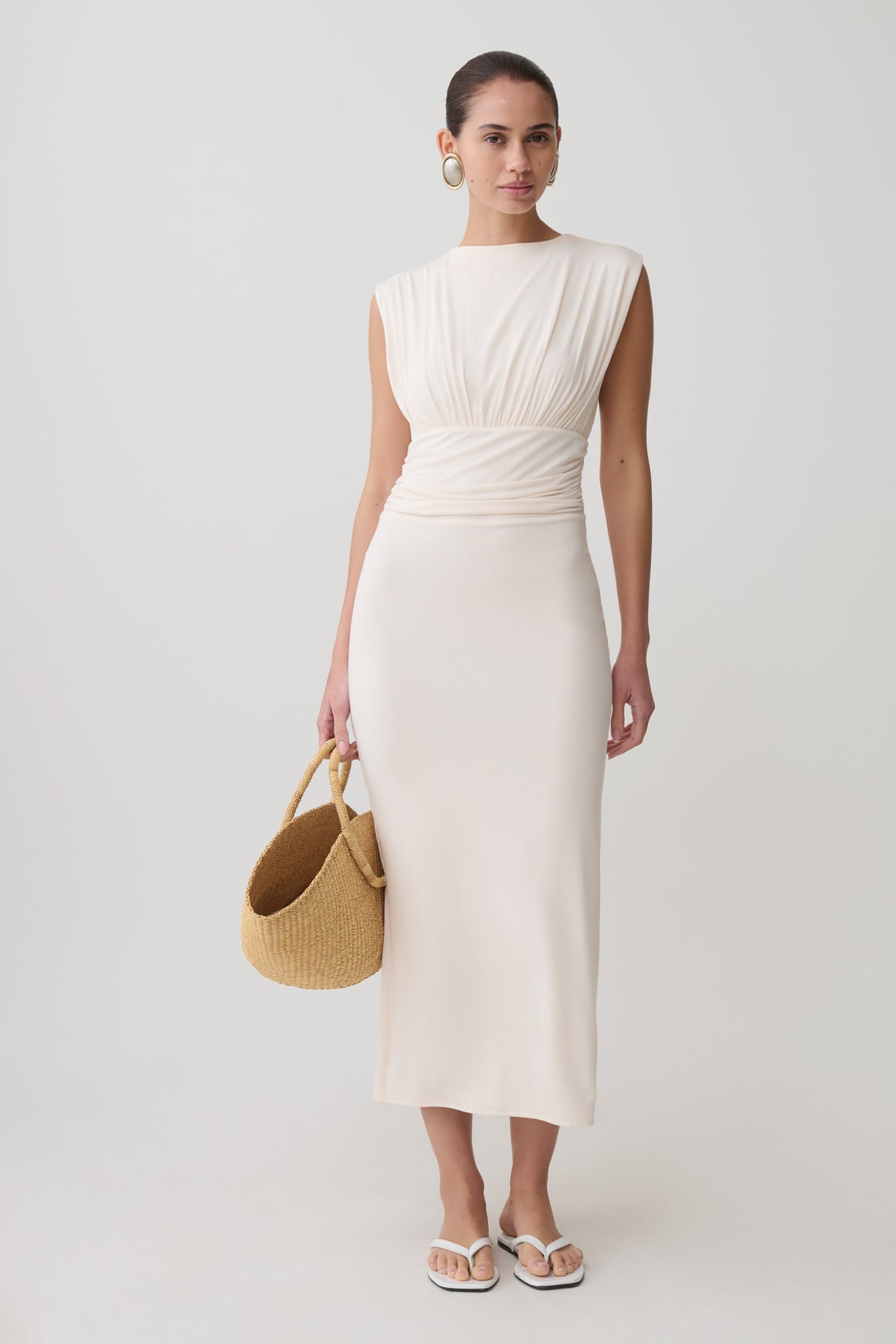 Ruched Modal Sleeveless Midi Dress - Ivory