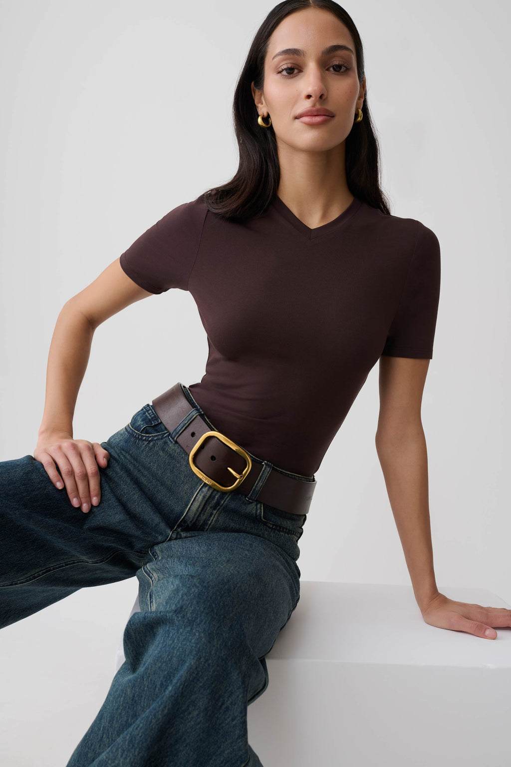 High V Neck Short Sleeve Top - Chocolate