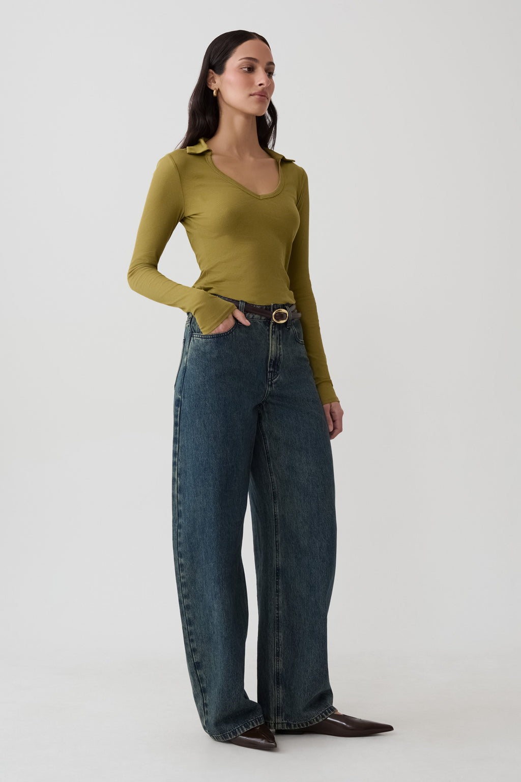 Collared Long Sleeve Top - Olive