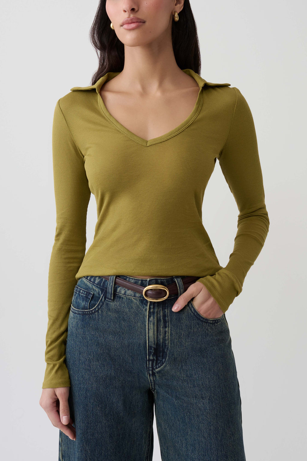 Collared Long Sleeve Top - Olive