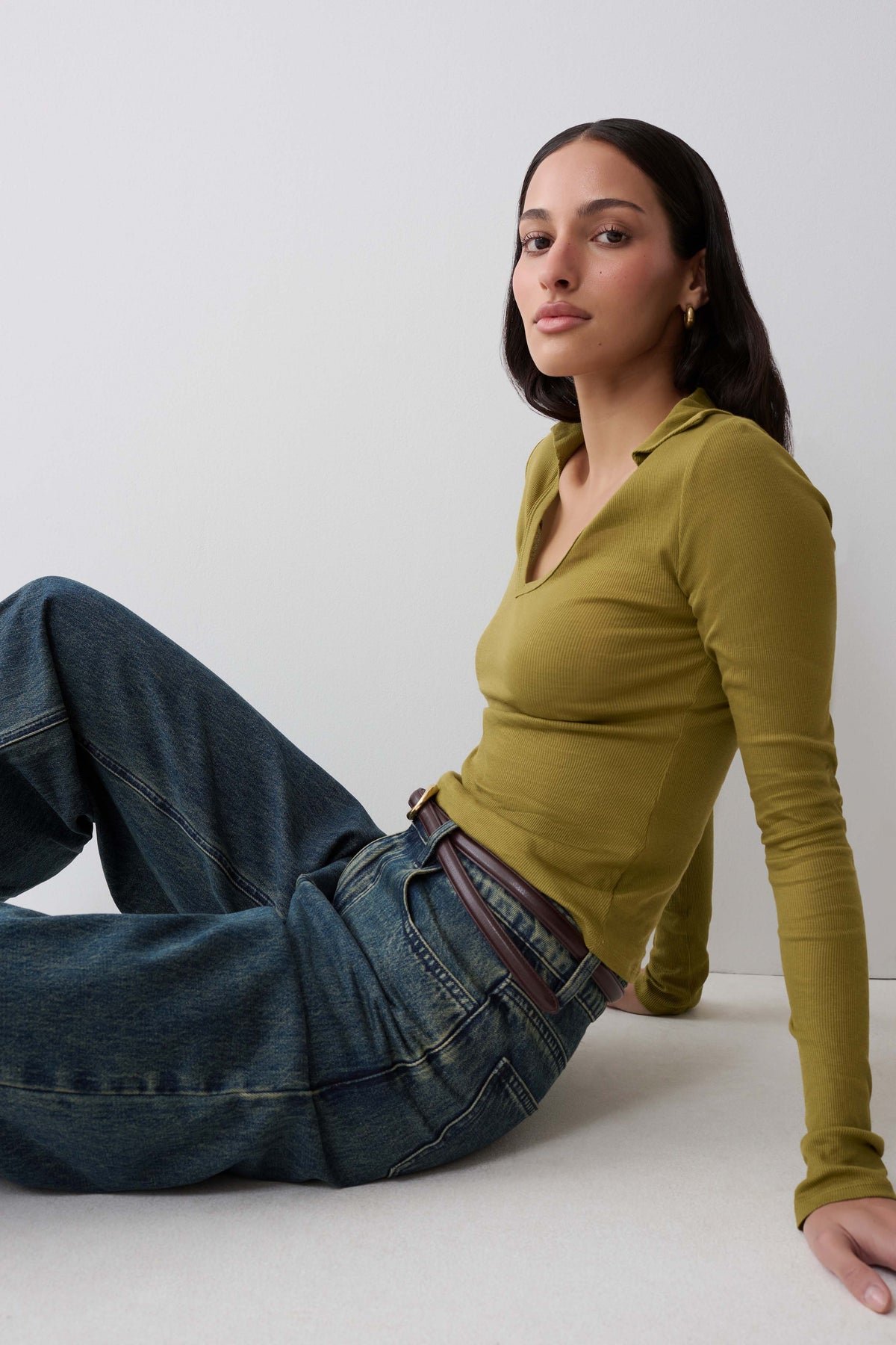 Collared Long Sleeve Top - Olive