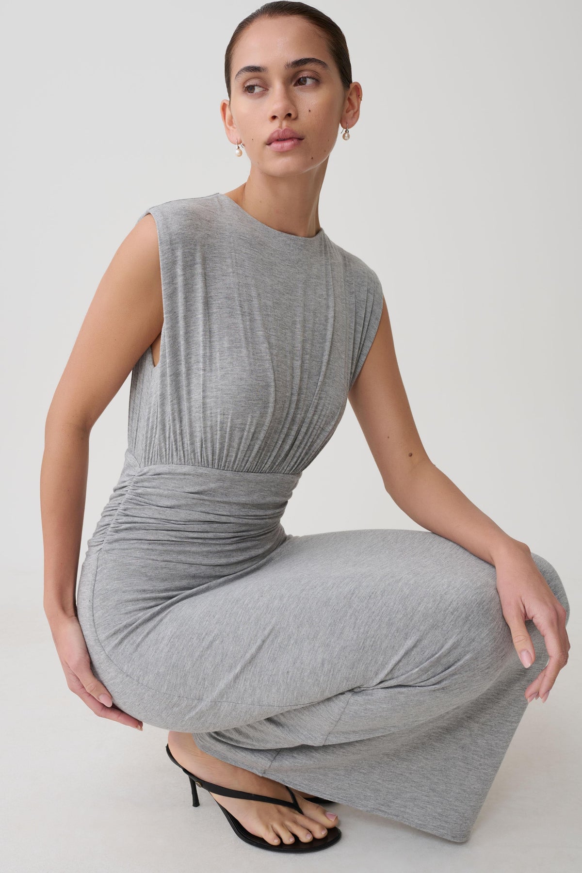 Ruched Modal Sleeveless Midi Dress - Grey Marle