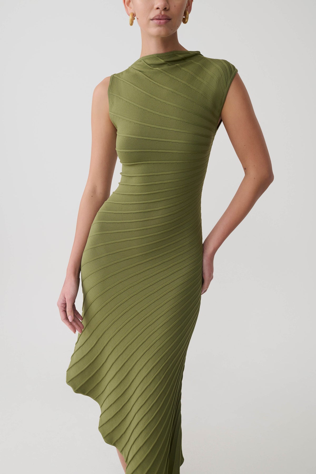 Pleated Knit Dress - Olive