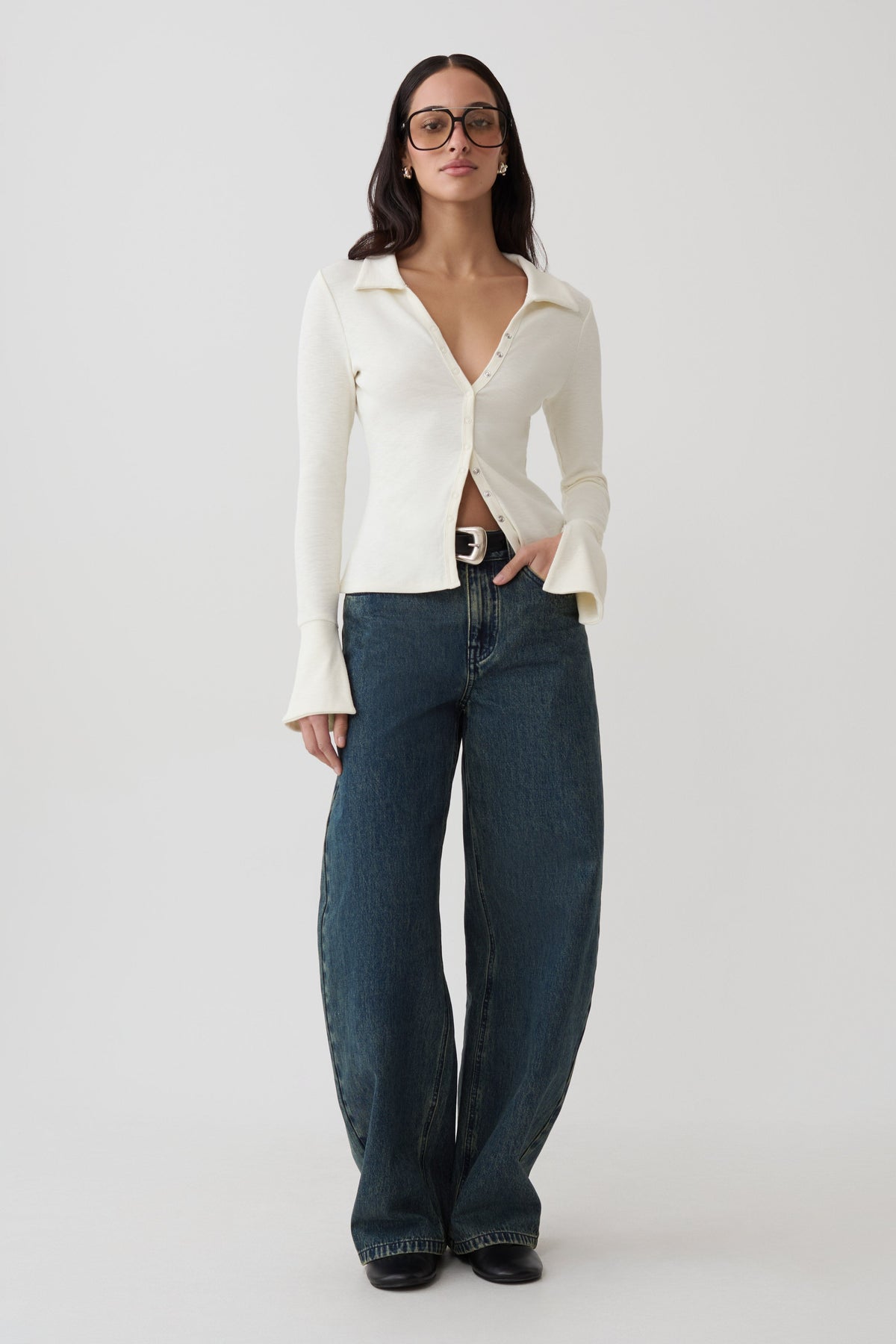 Button Down Long Sleeve Top - Ivory