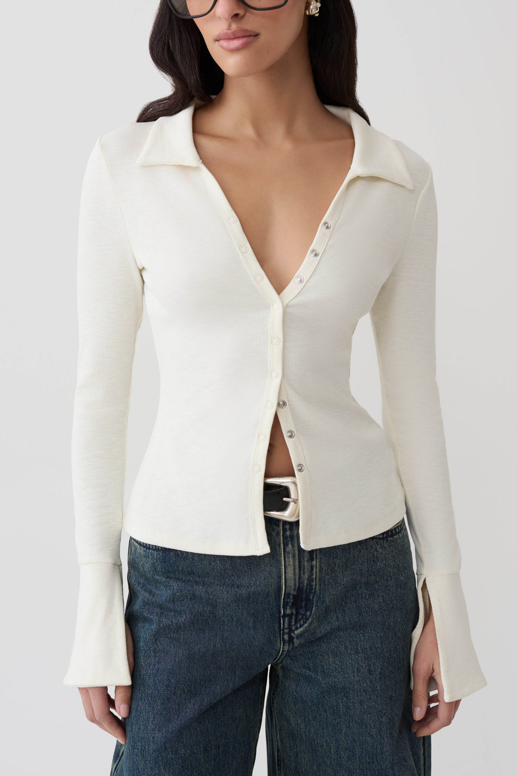 Button Down Long Sleeve Top - Ivory