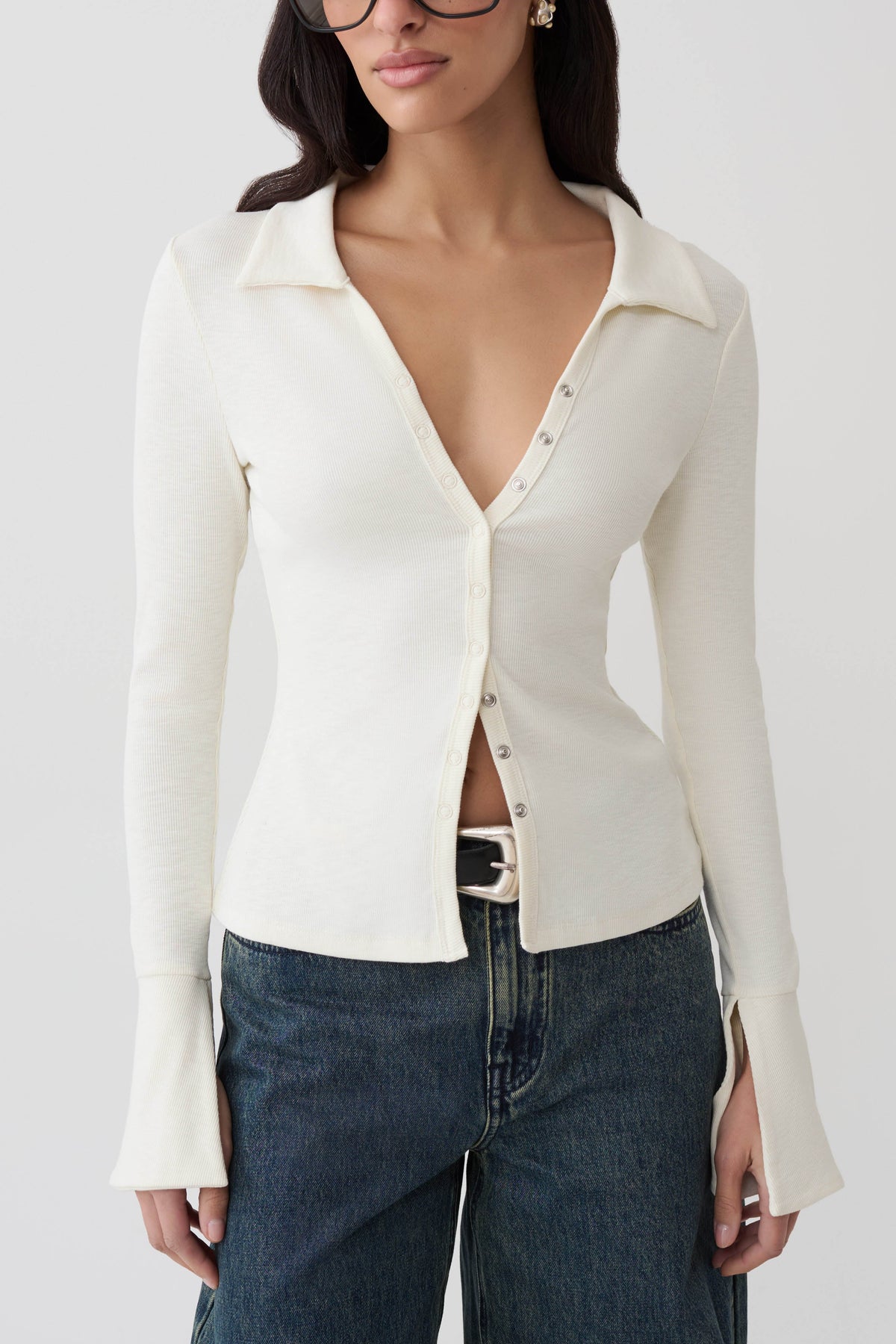 Button Down Long Sleeve Top - Ivory