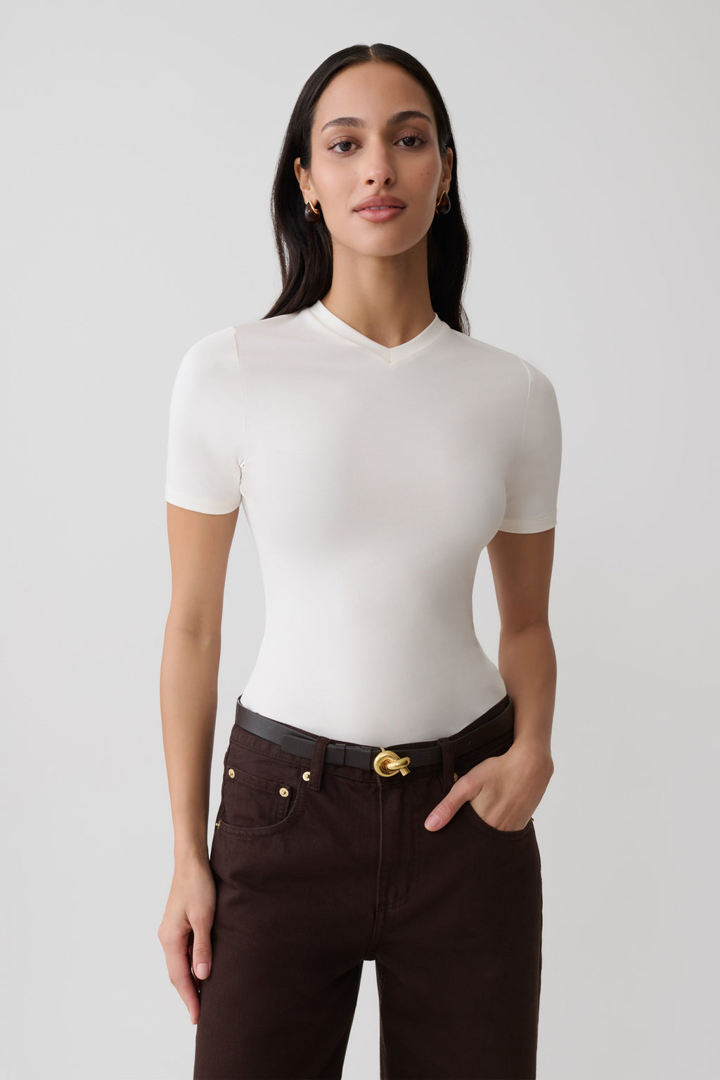 High V Neck Short Sleeve Top - Ivory