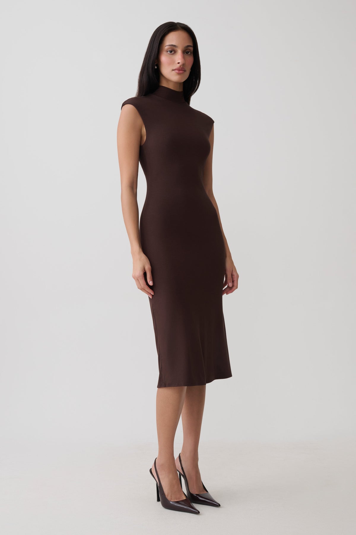 Sleeveless Roll Neck Midi Dress - Dark Chocolate