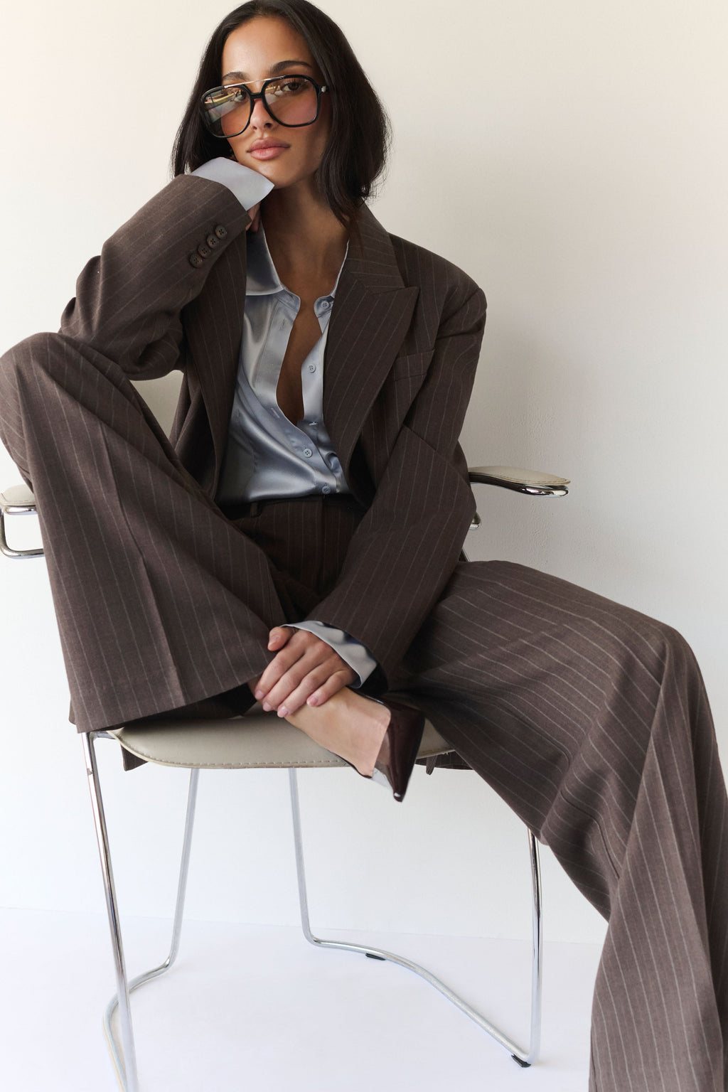 Straight Leg Suiting Pants - Brown Stripe
