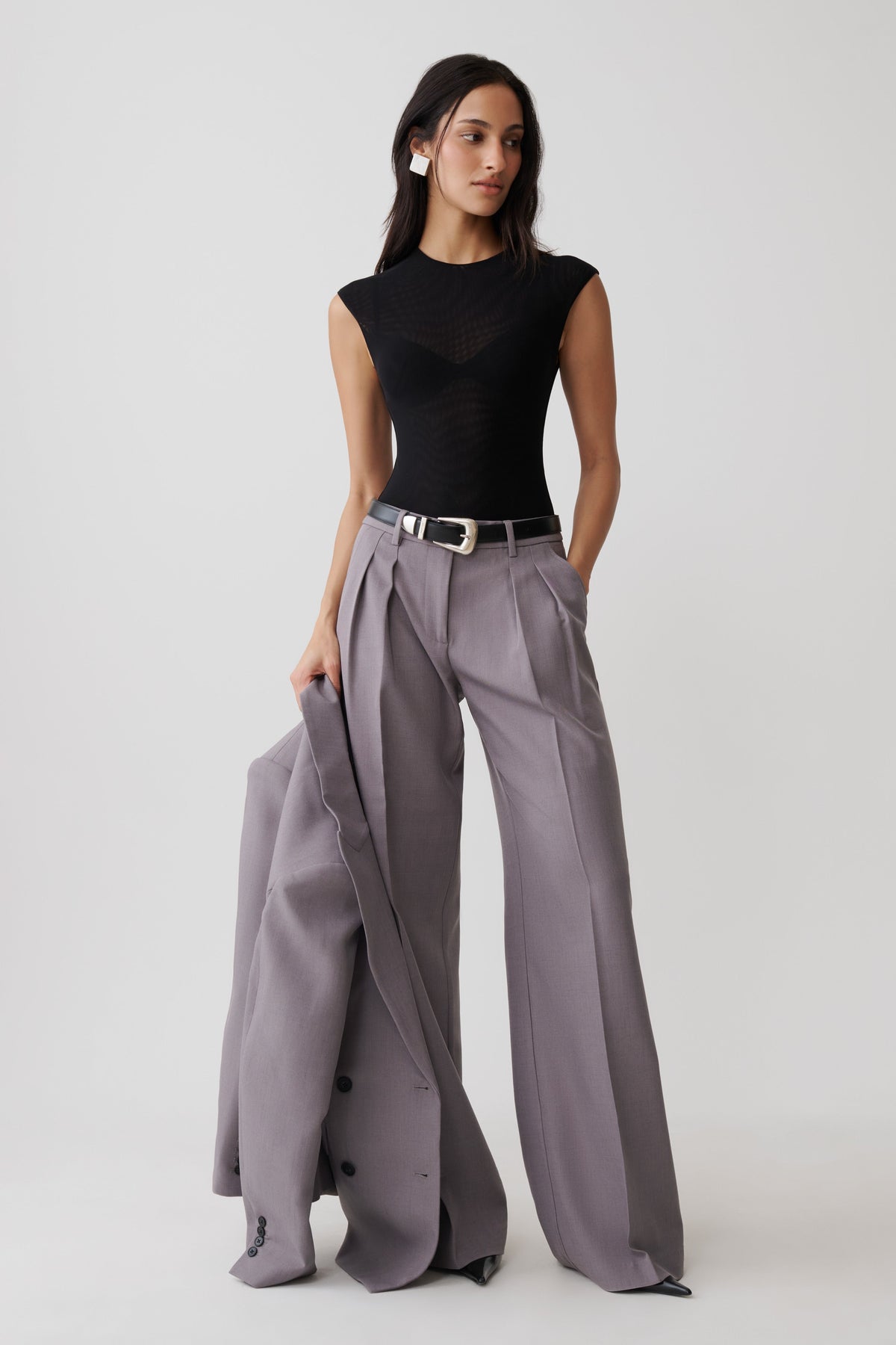 Straight Leg Suiting Pants - Light Grey Marle