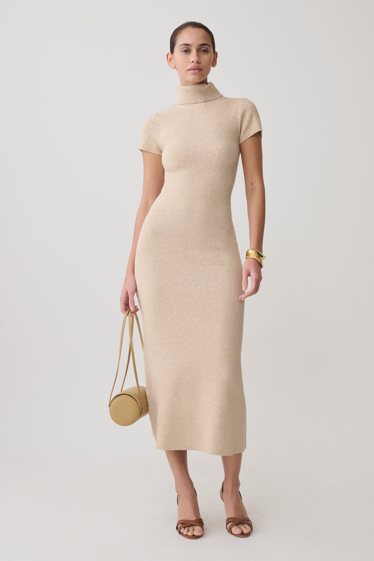 High Neck Knit Midi Dress - Camel