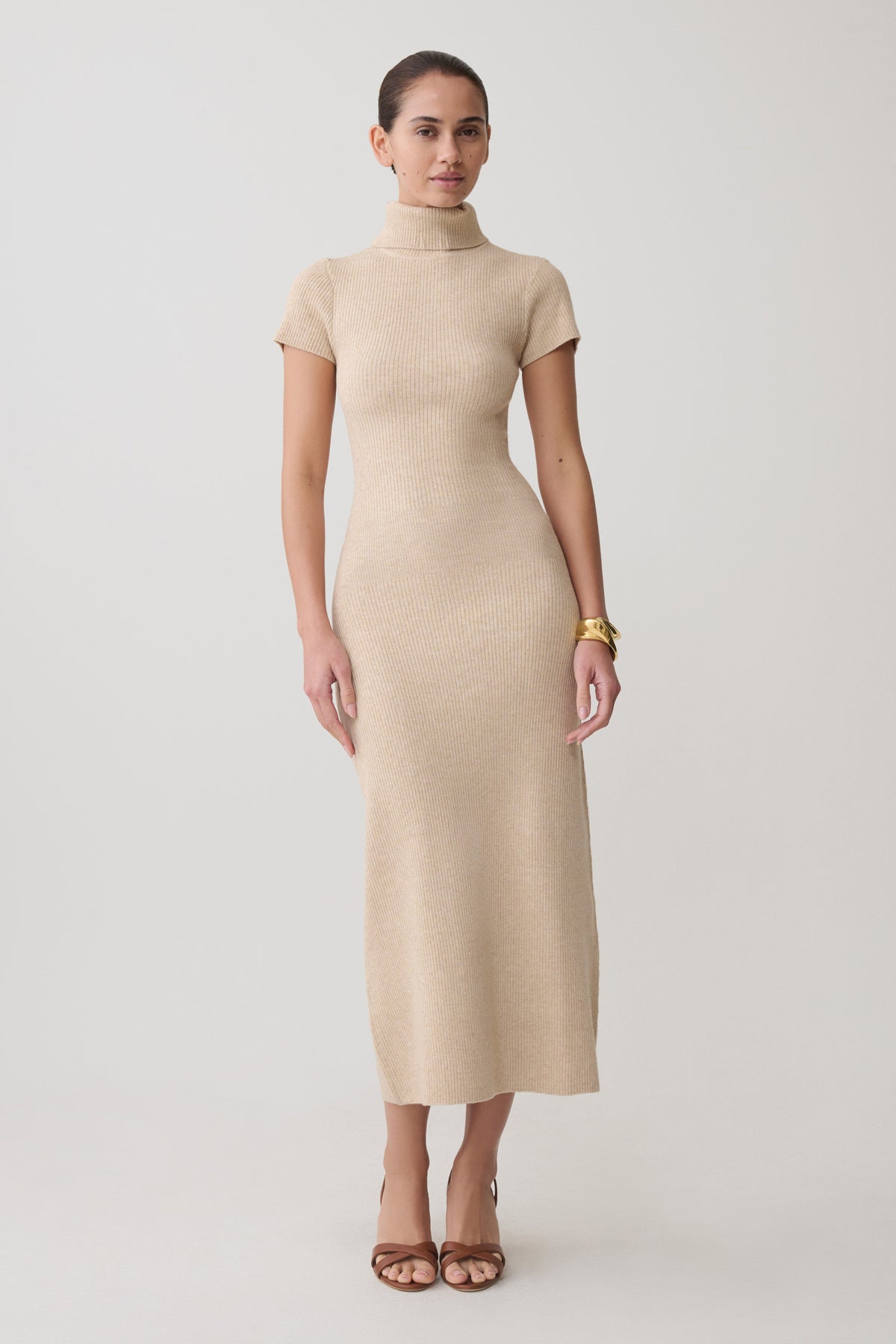 High Neck Knit Midi Dress - Camel