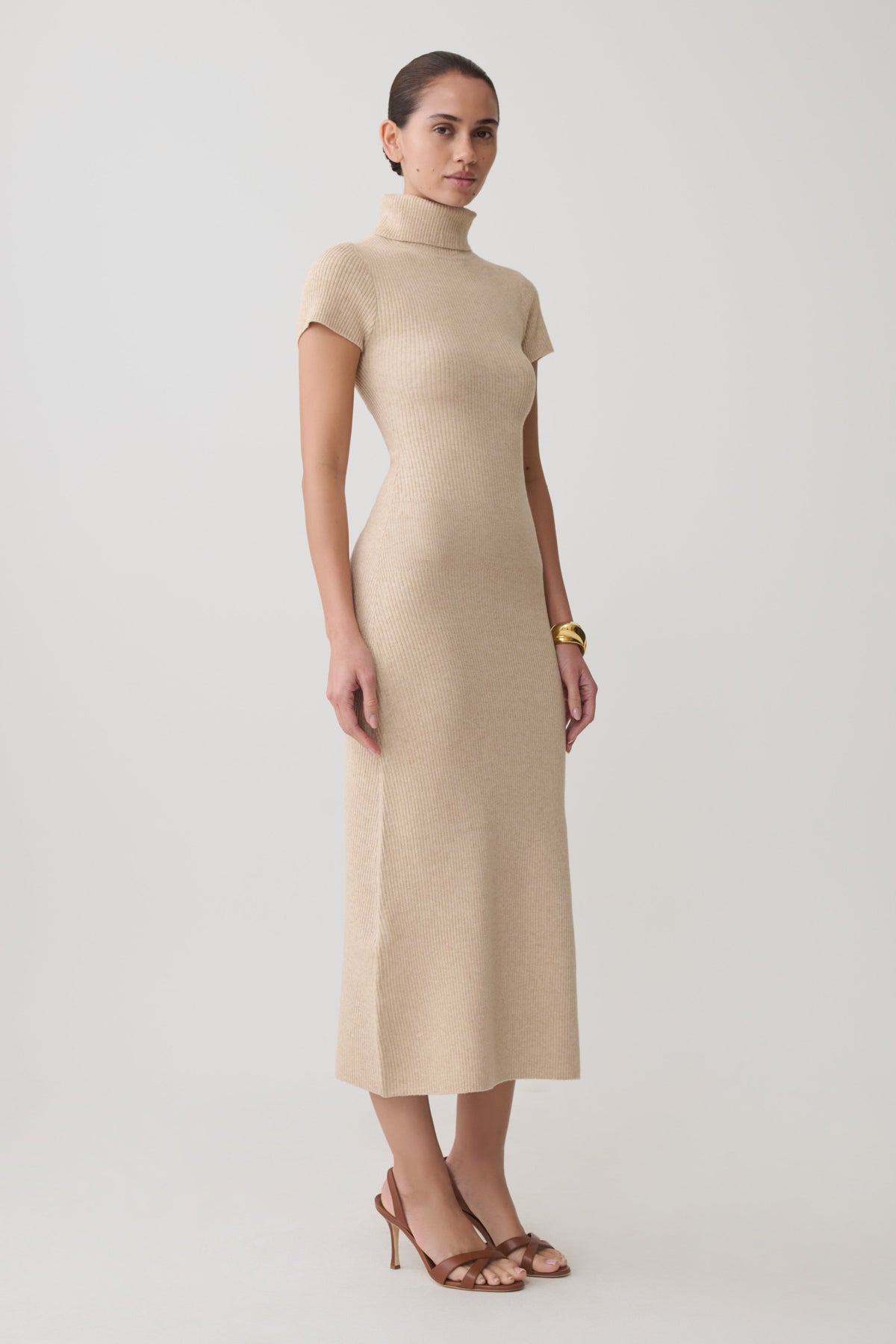 High Neck Knit Midi Dress - Camel