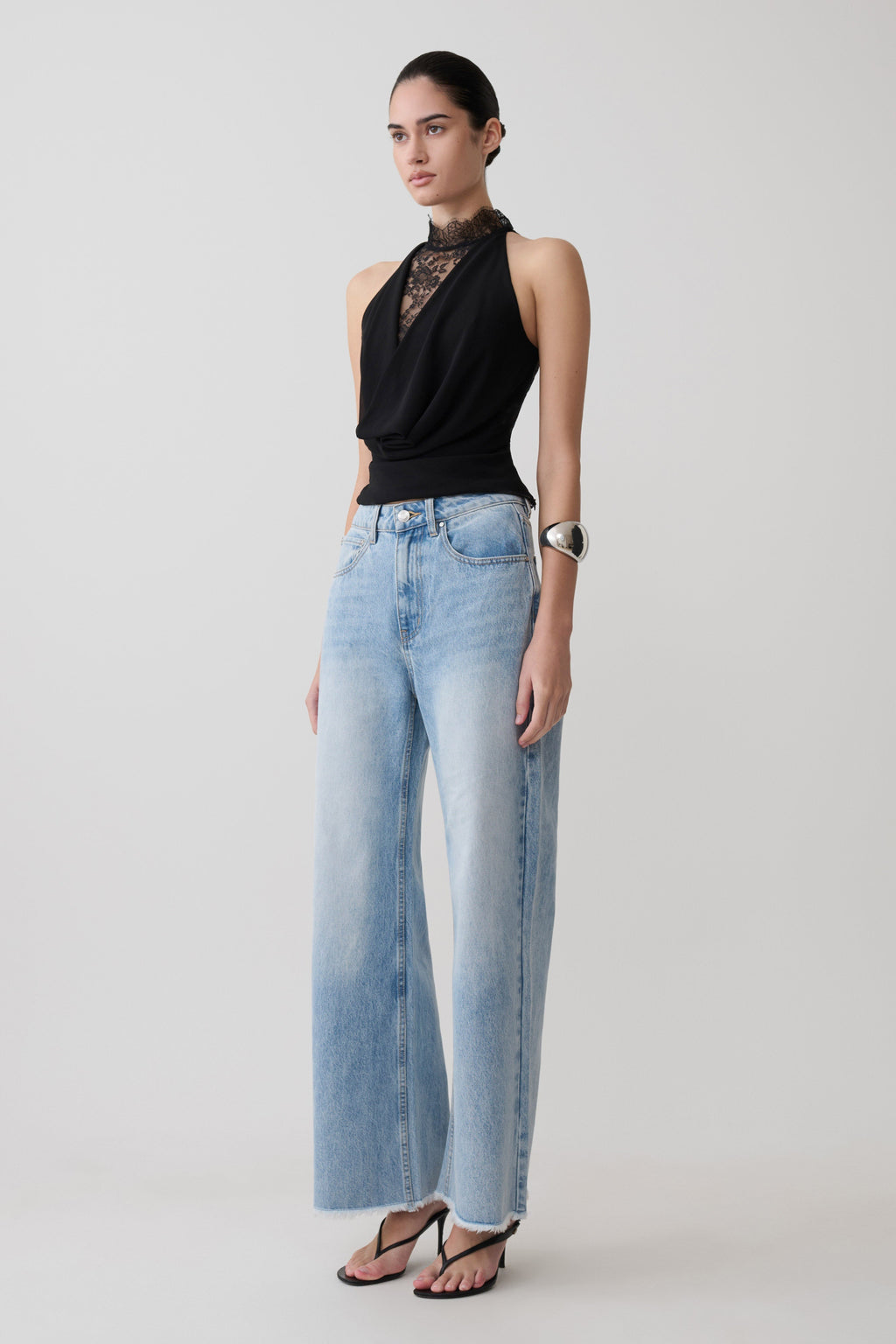 Chiffon & Lace Halter Top - Black