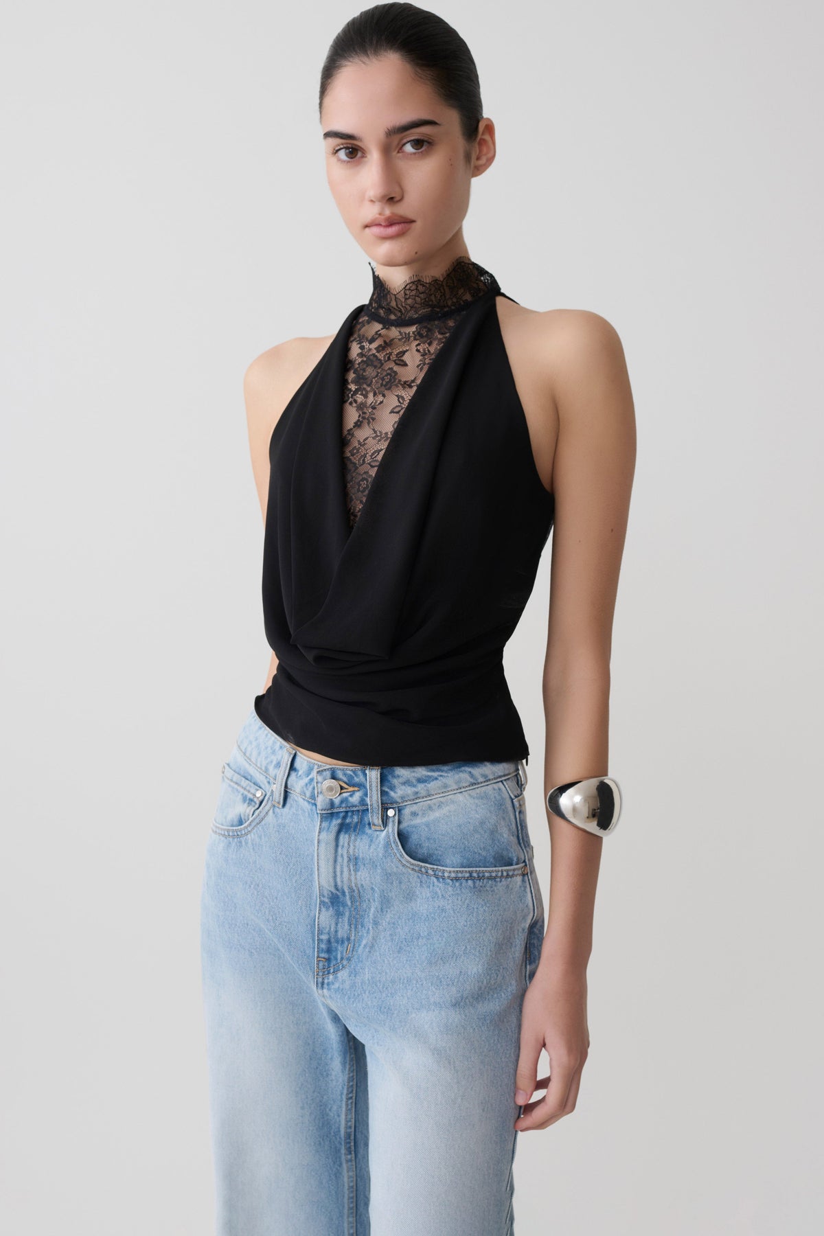 Chiffon & Lace Halter Top - Black