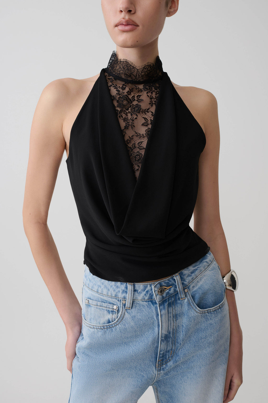 Chiffon & Lace Halter Top - Black