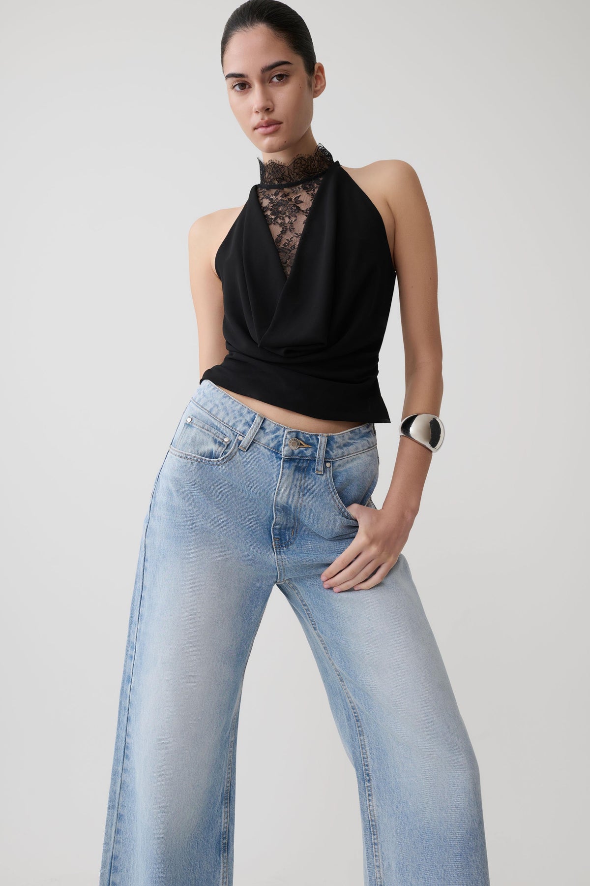 Chiffon & Lace Halter Top - Black