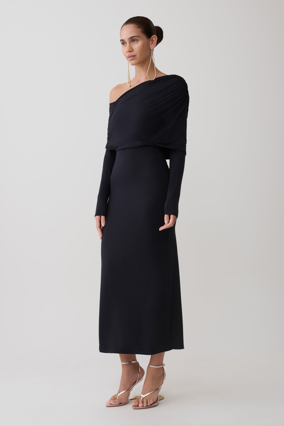 Modal One Shoulder Midi Dress - Black