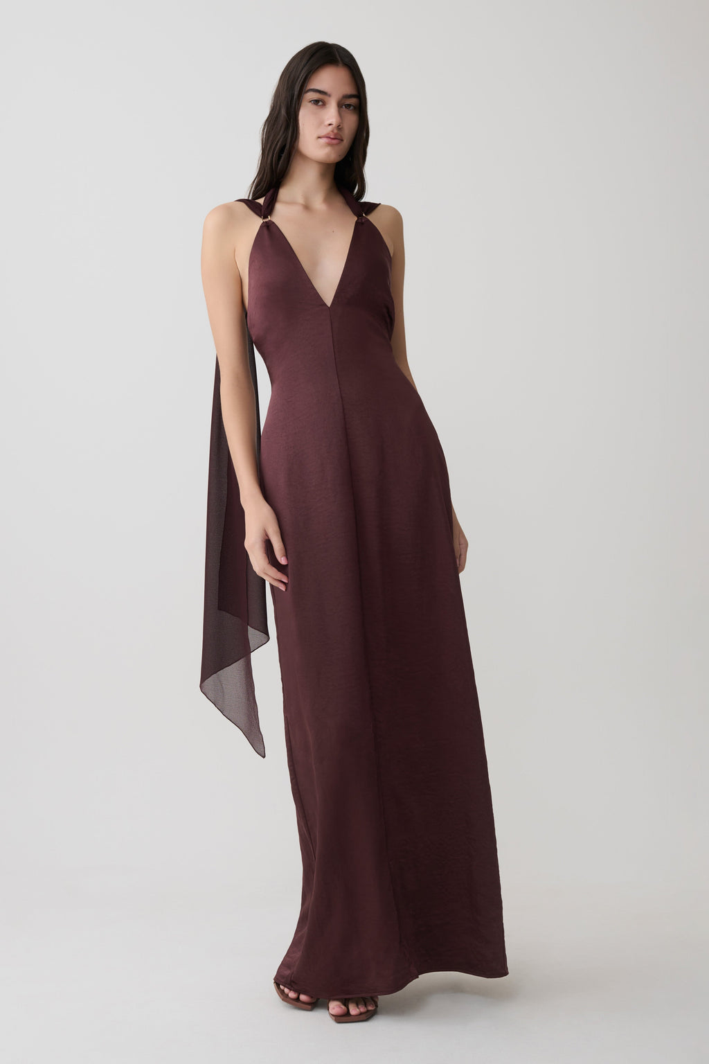 Draped Shoulders Satin Maxi Dress - Chocolate