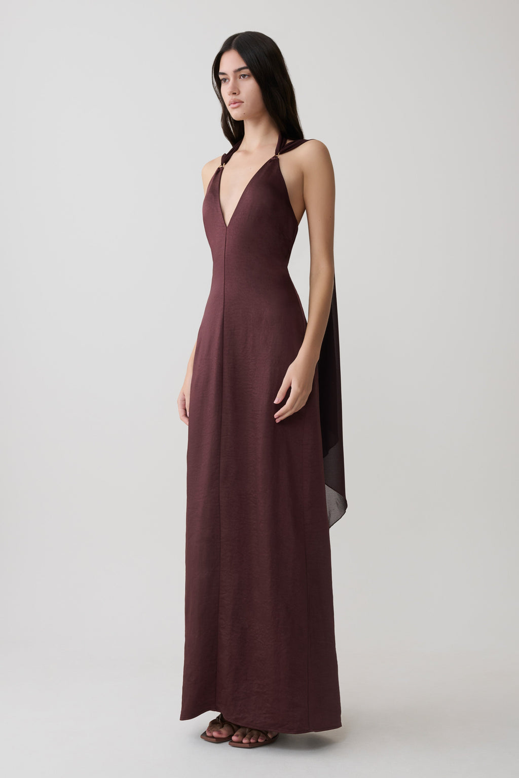 Draped Shoulders Satin Maxi Dress - Chocolate