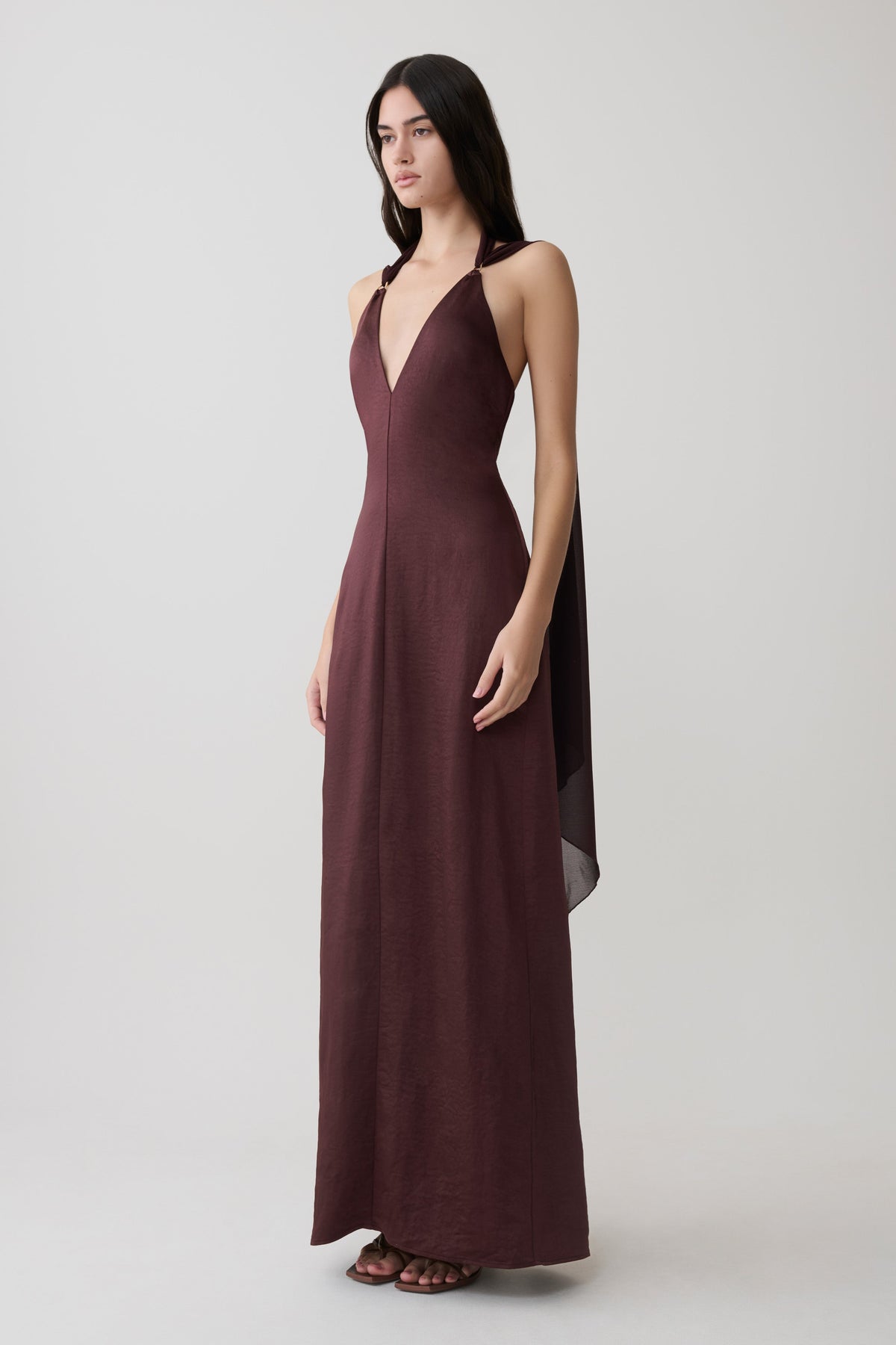 Draped Shoulders Satin Maxi Dress - Chocolate