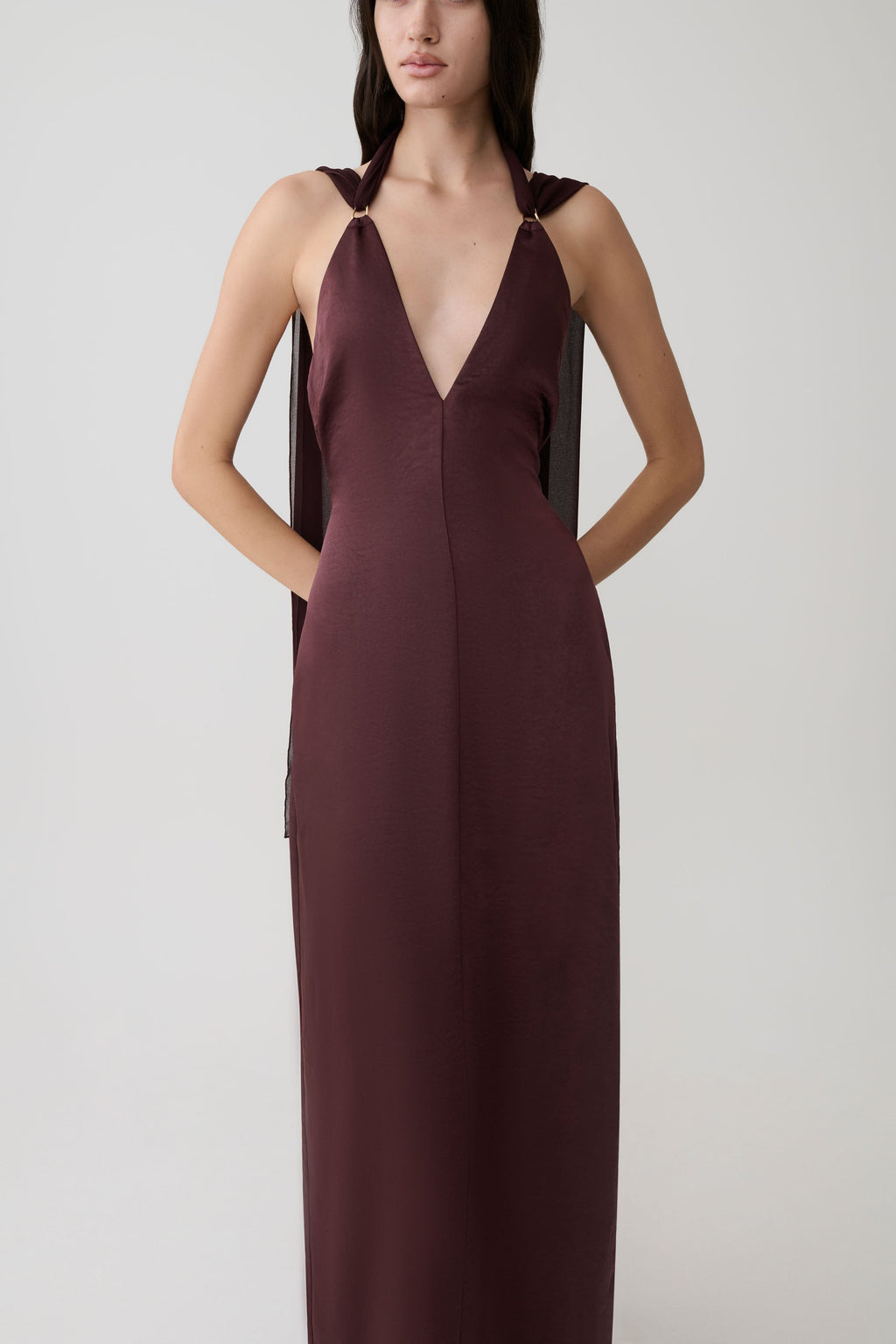 Draped Shoulders Satin Maxi Dress - Chocolate