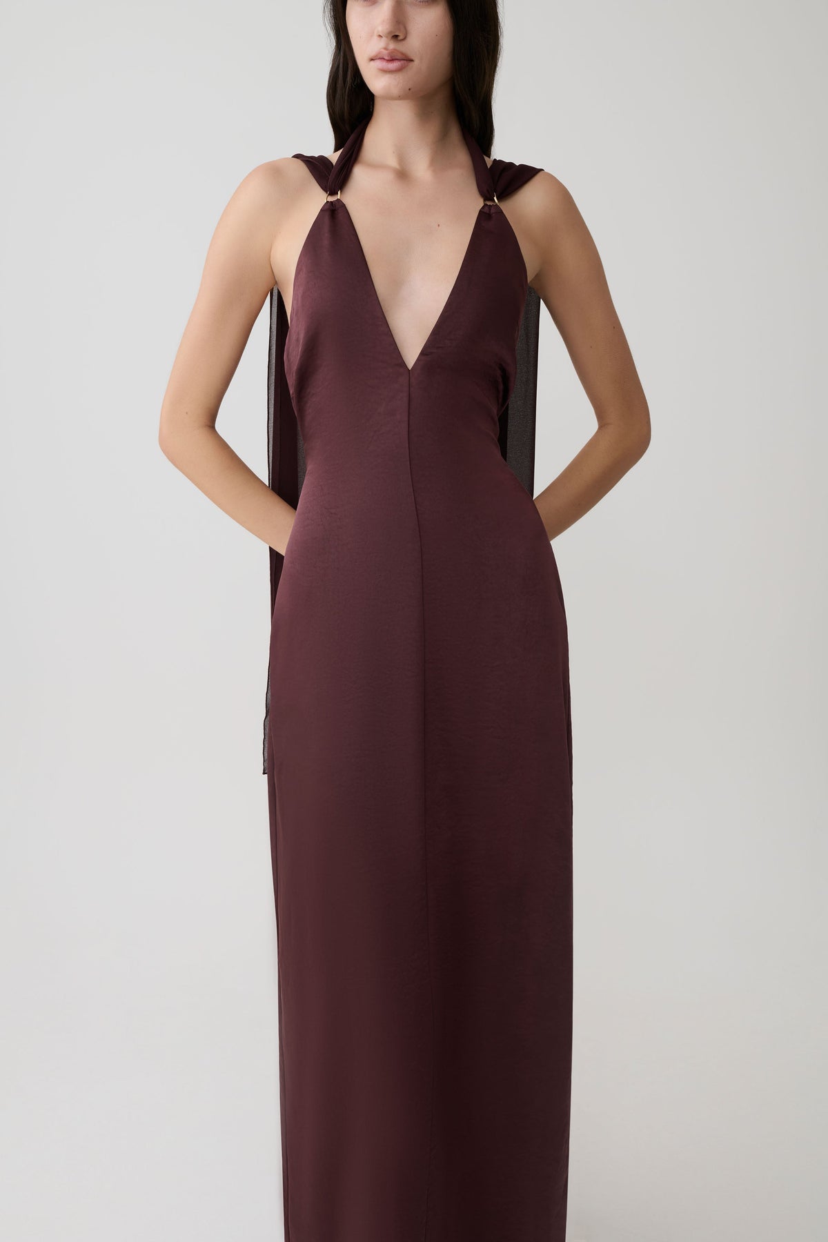 Draped Shoulders Satin Maxi Dress - Chocolate