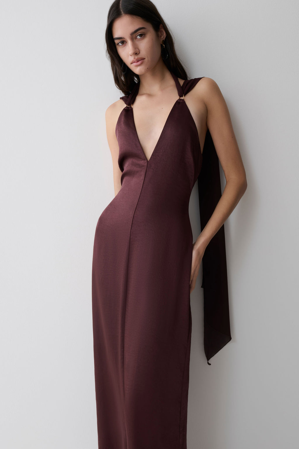 Draped Shoulders Satin Maxi Dress - Chocolate
