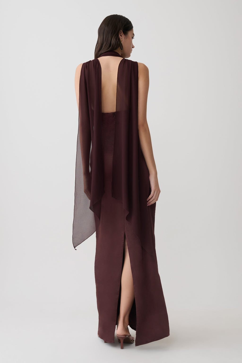 Draped Shoulders Satin Maxi Dress - Chocolate