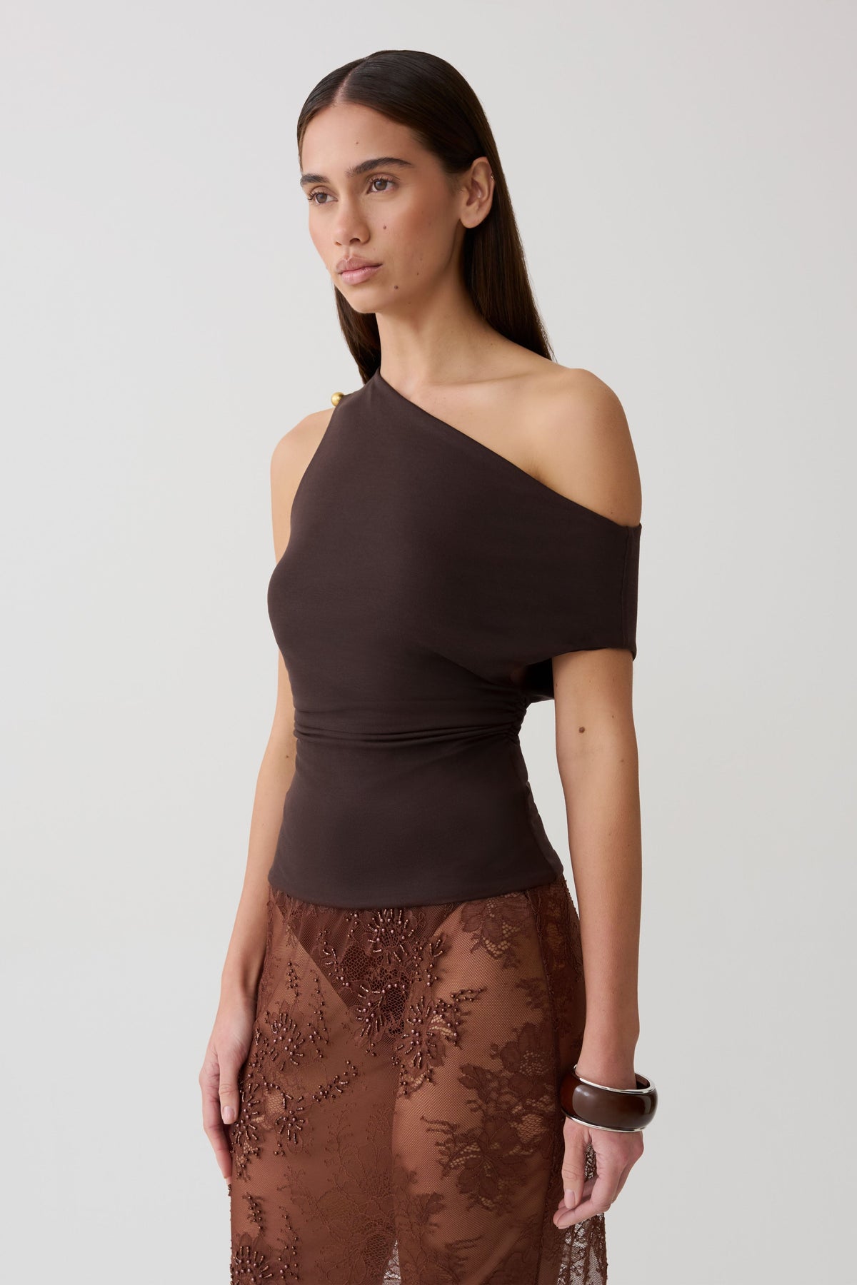 Short Sleeve Draped Hardware Top - Chocolate