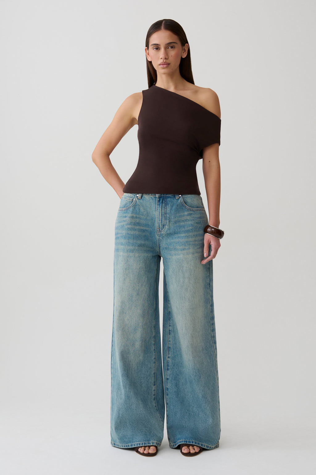 Short Sleeve Draped Hardware Top - Chocolate
