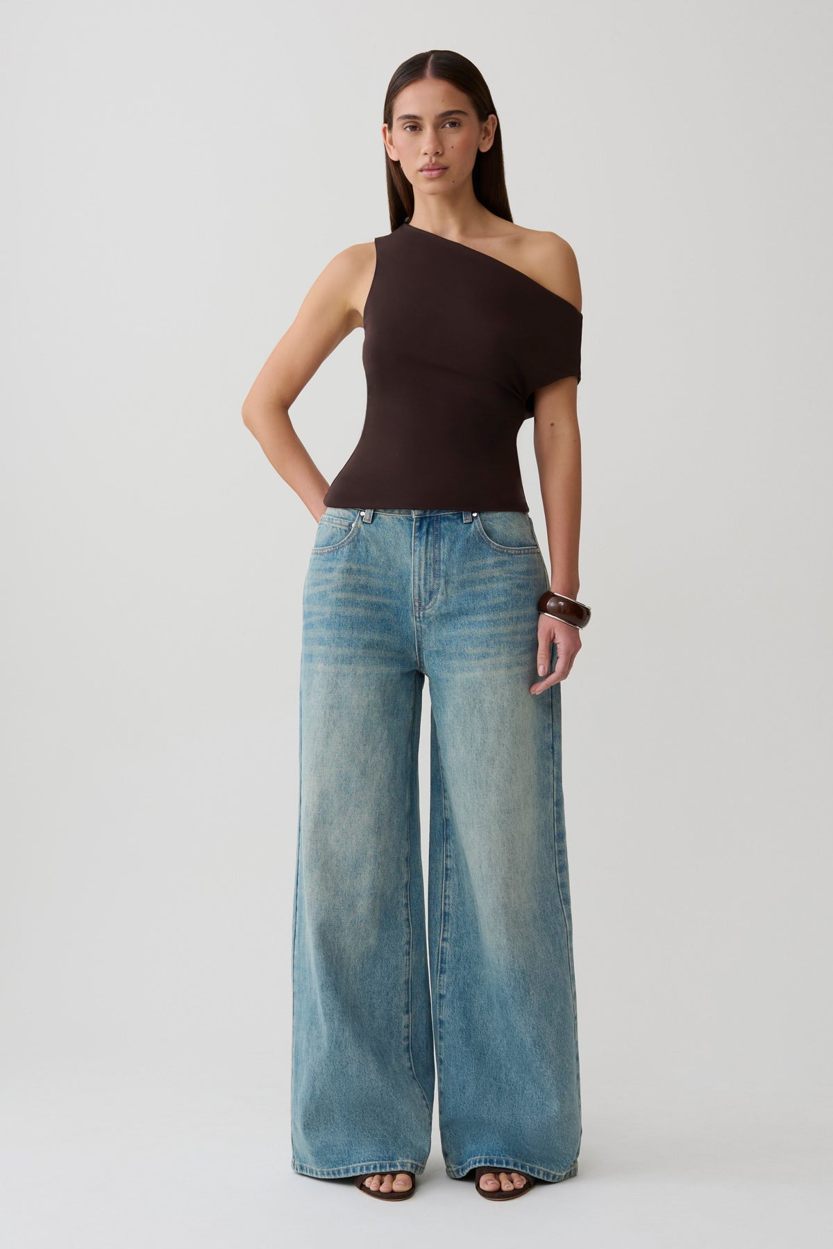 Short Sleeve Draped Hardware Top - Chocolate