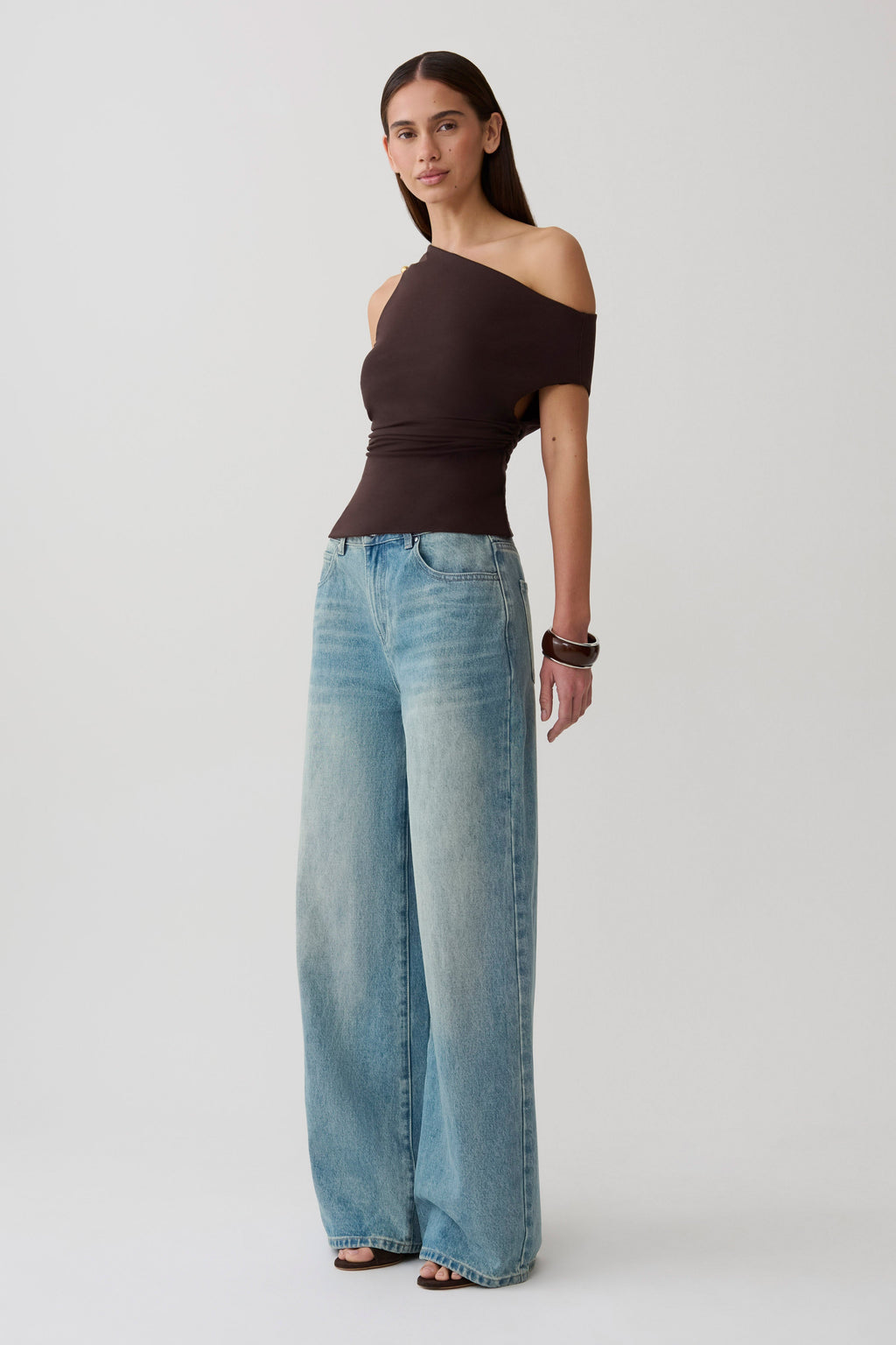 Short Sleeve Draped Hardware Top - Chocolate