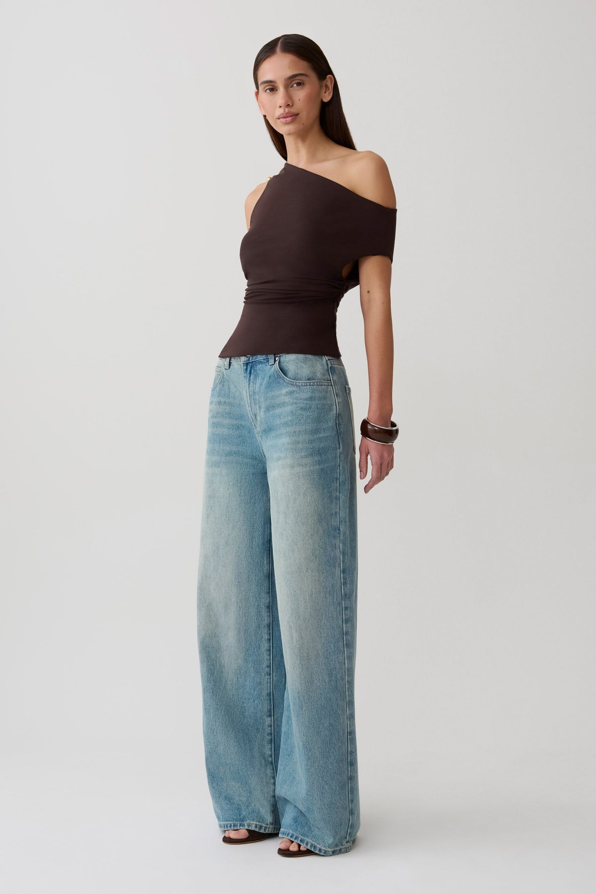 Short Sleeve Draped Hardware Top - Chocolate