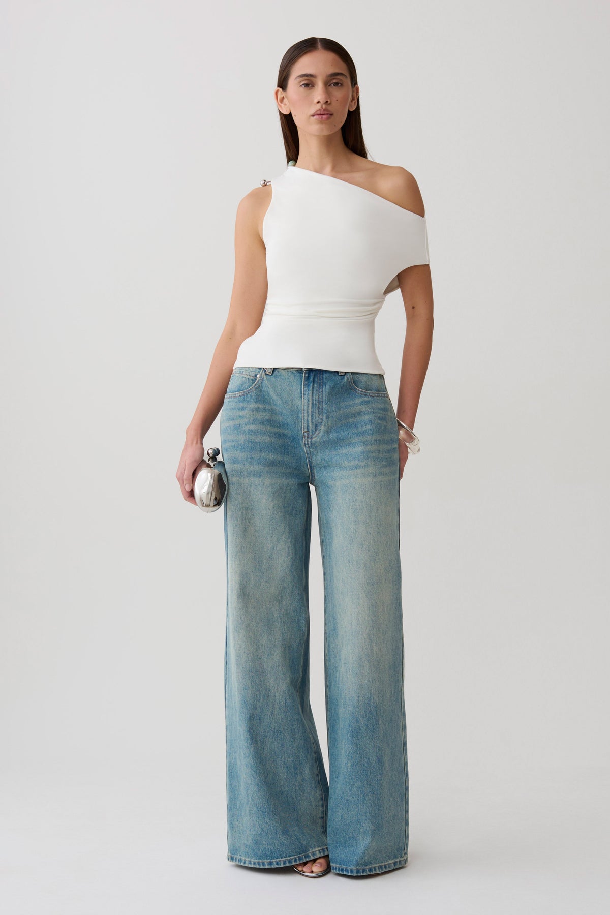 Short Sleeve Draped Hardware Top - Ivory