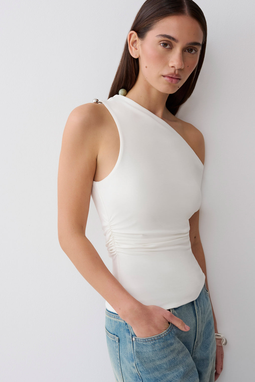 Short Sleeve Draped Hardware Top - Ivory