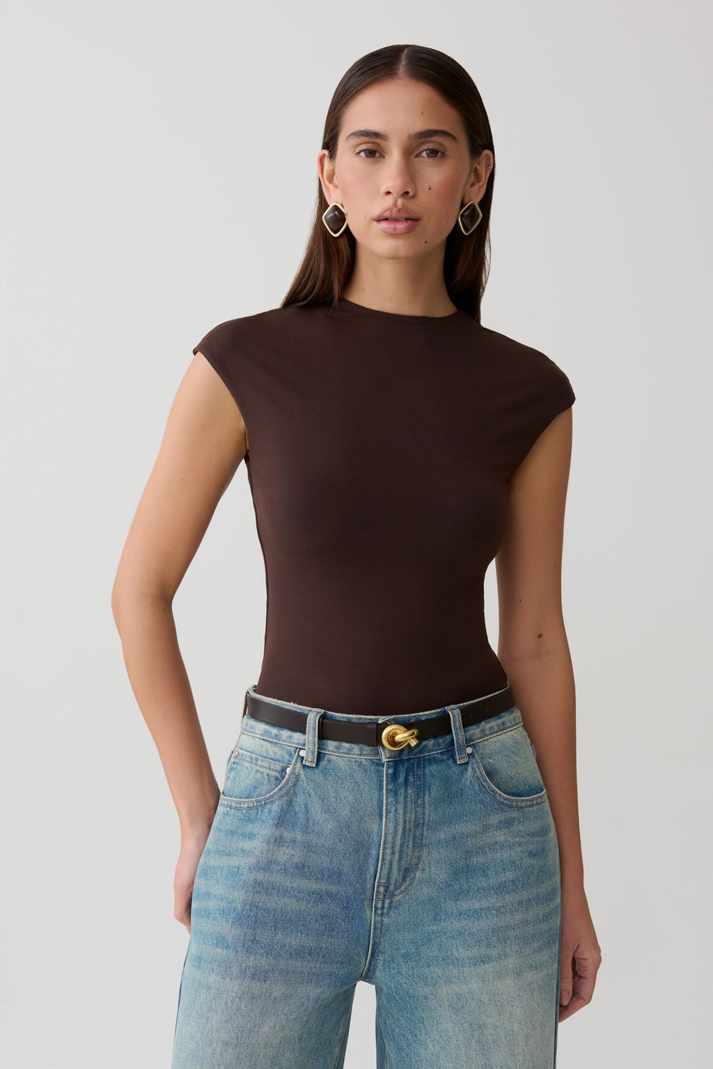 Peached Jersey High Neck Top - Chocolate