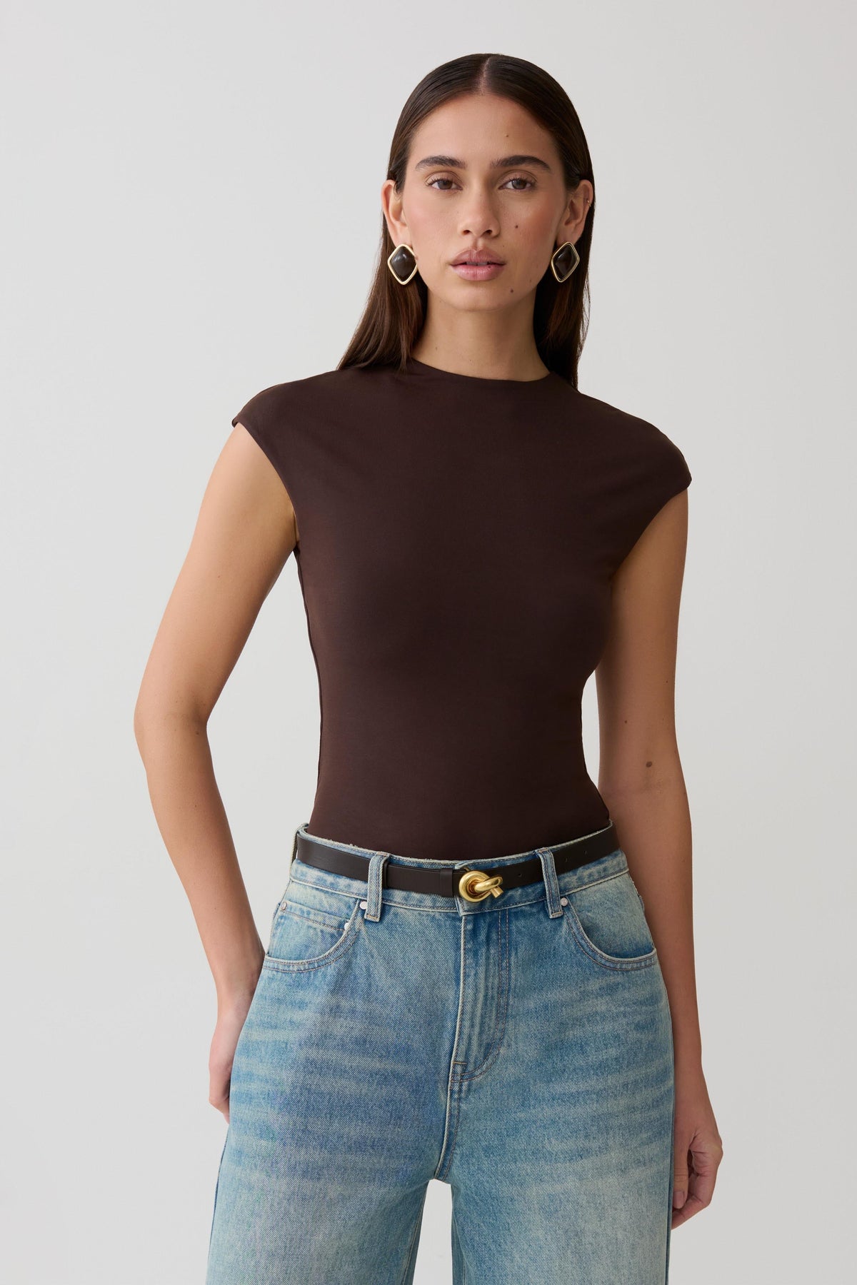Peached Jersey High Neck Top - Chocolate