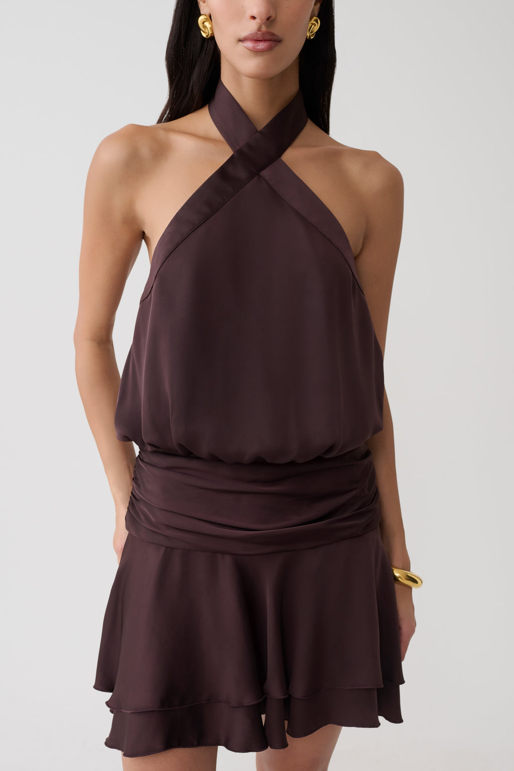 Satin Halter Mini Dress - Chocolate