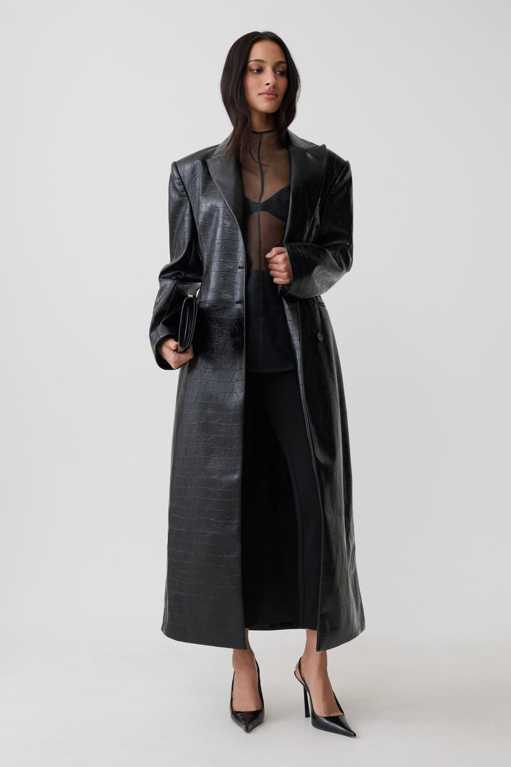 Croc Faux Leather Coat - Black