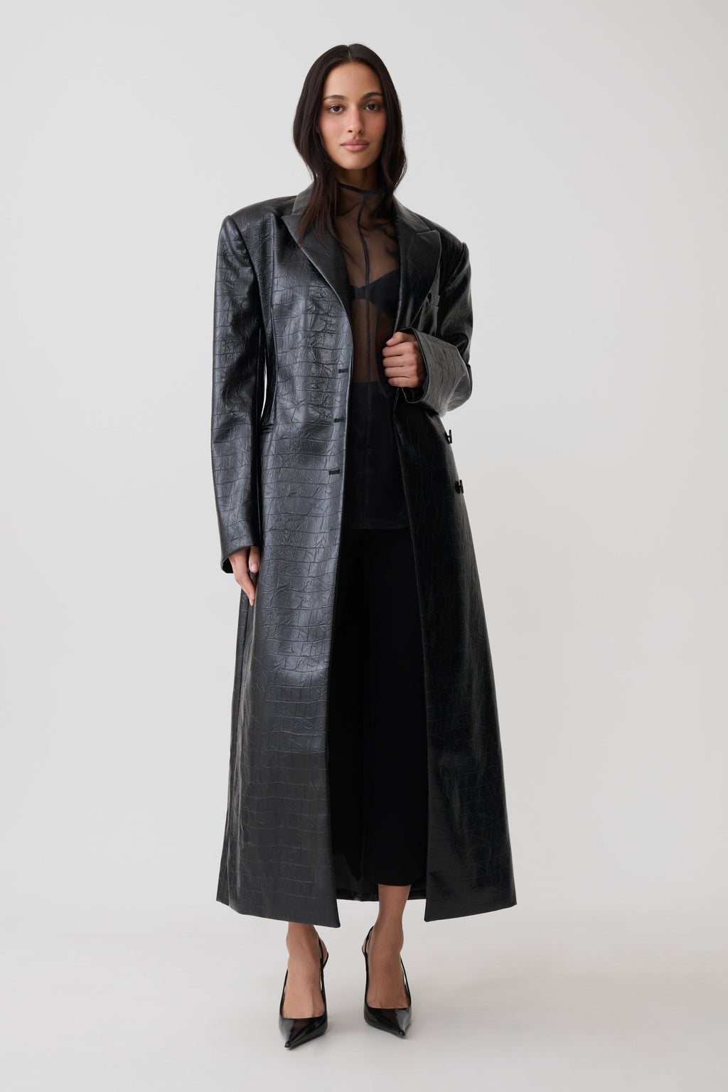 Croc Faux Leather Coat - Black