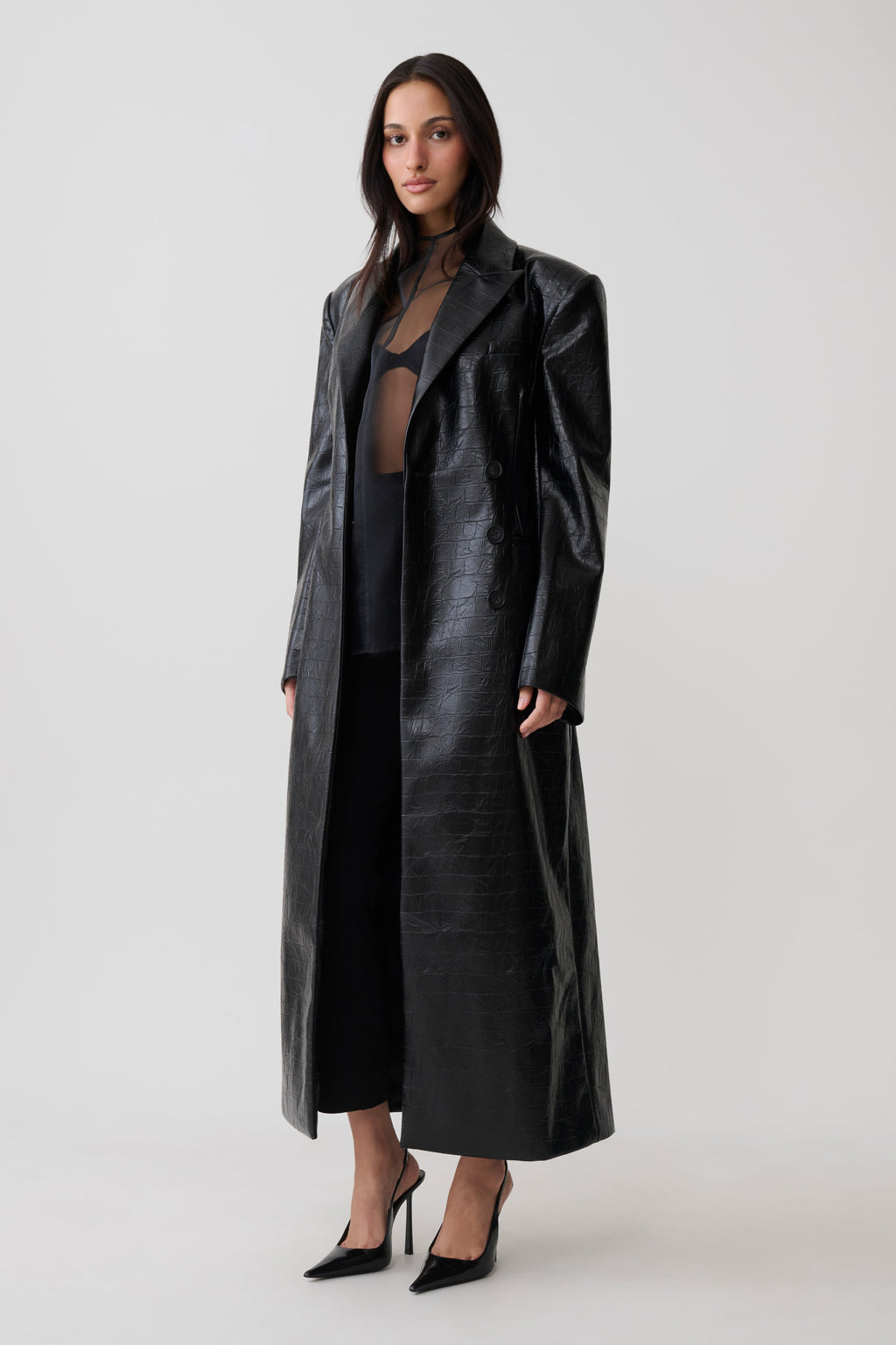 Croc Faux Leather Coat - Black